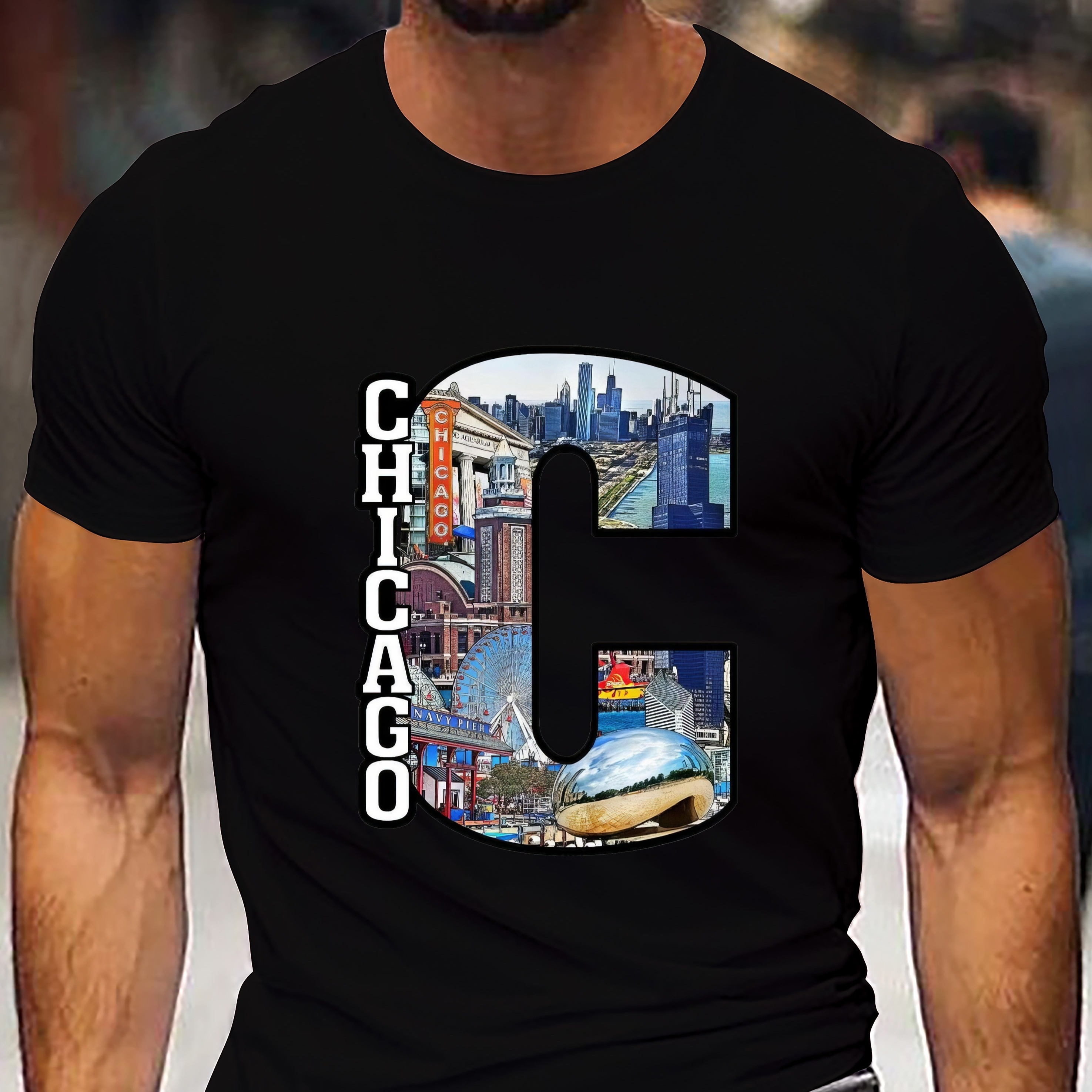 

The Magic Of Chicago Creative Print, Men's Casual Round Neck T-shirt, Simplistic Style, Comfortable Fit For Everyday Wear