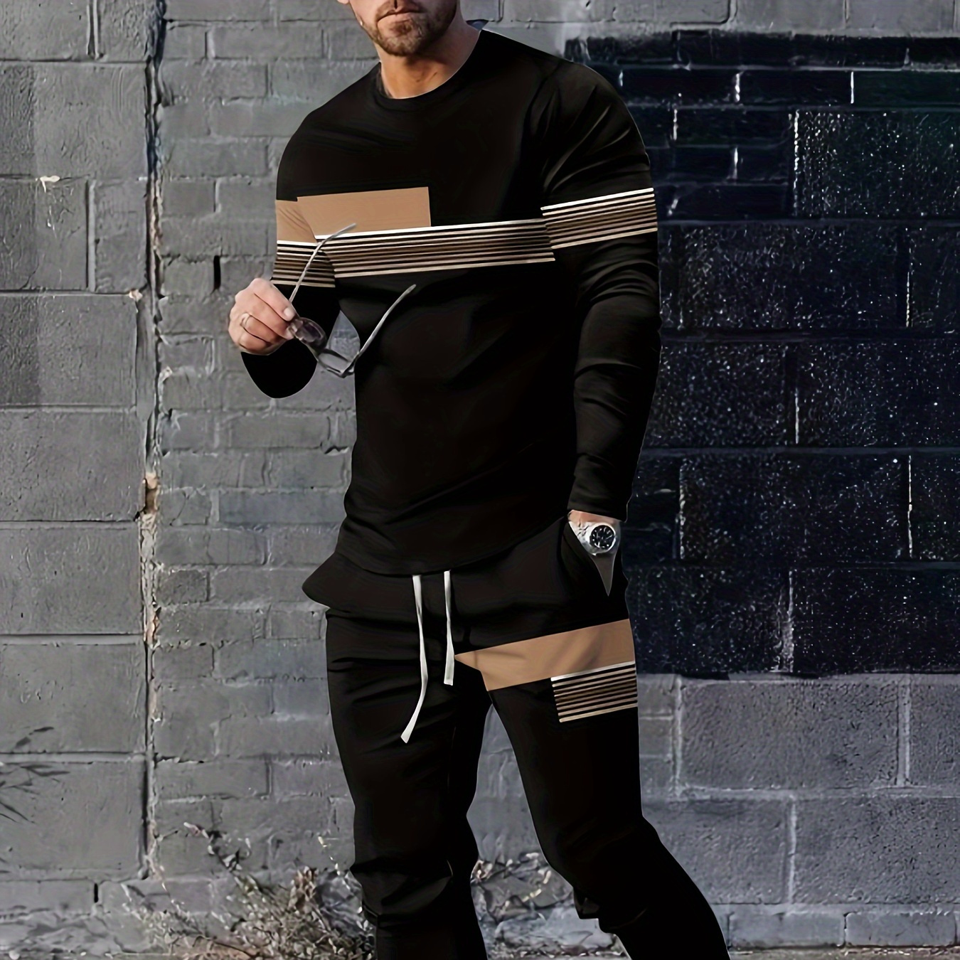 

Casual 2pcs Set, Men's Crew Neck Sweatshirt & Joggers Matching Set
