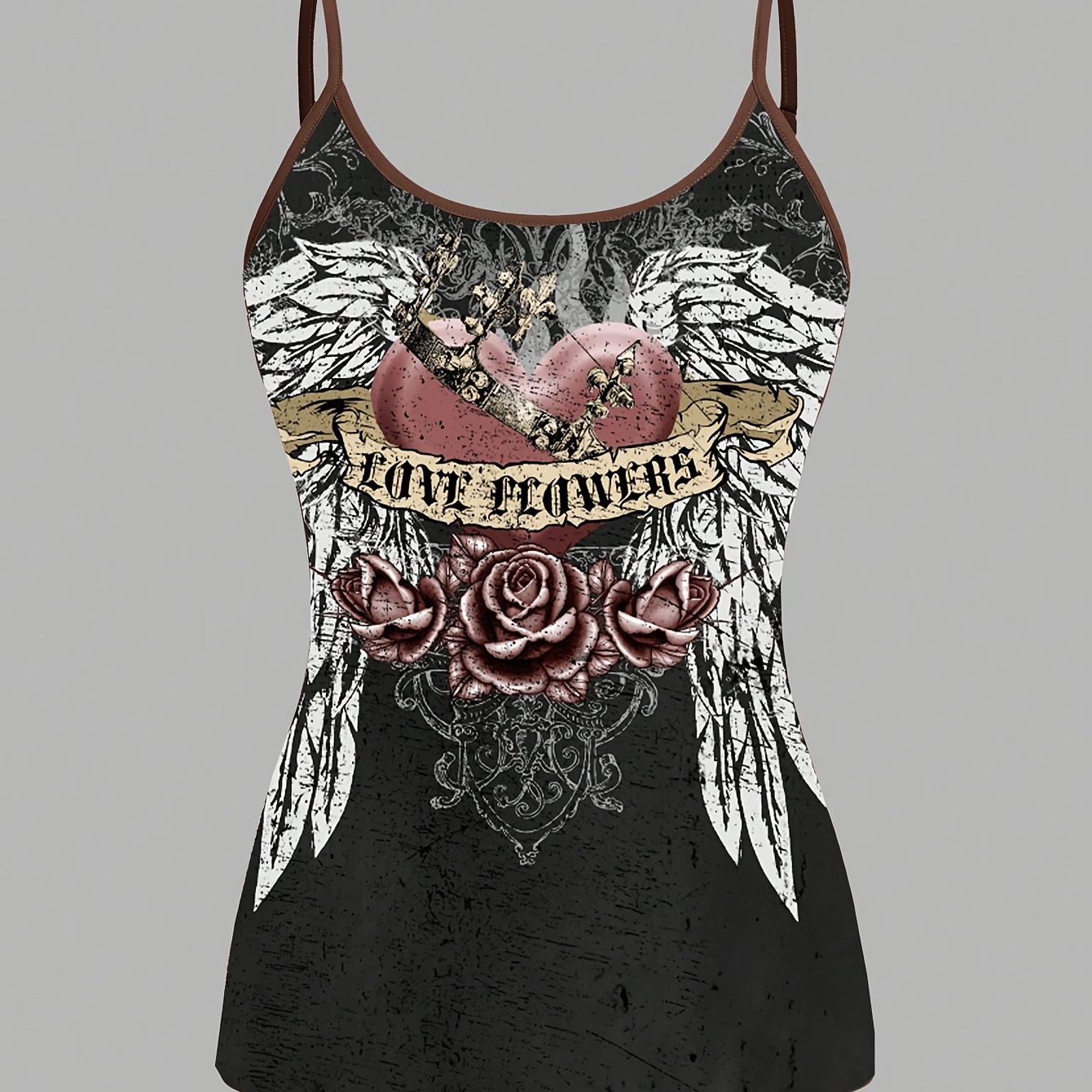 

Chic Vintage Heart & Wings Print Cami Top For Women - Casual Sleeveless Spaghetti Strap, Stretchy Polyester , Machine Washable, Spaghetti Strap Top, Sexy, Tight