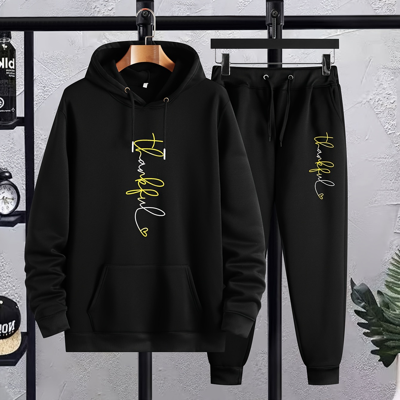 

Plus Size Men's "thankful" Print Hooded Sweatshirt & Sweatpants Set For Spring Fall Winter, Men's Clothing