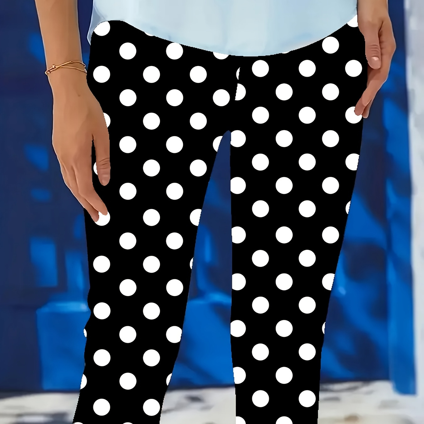 

Women's Plus Size Polka Dot Capri Leggings, Stretchy Waistband, Mid-calf Length, Black & , Lightweight Knit Fabric, Casual Wear