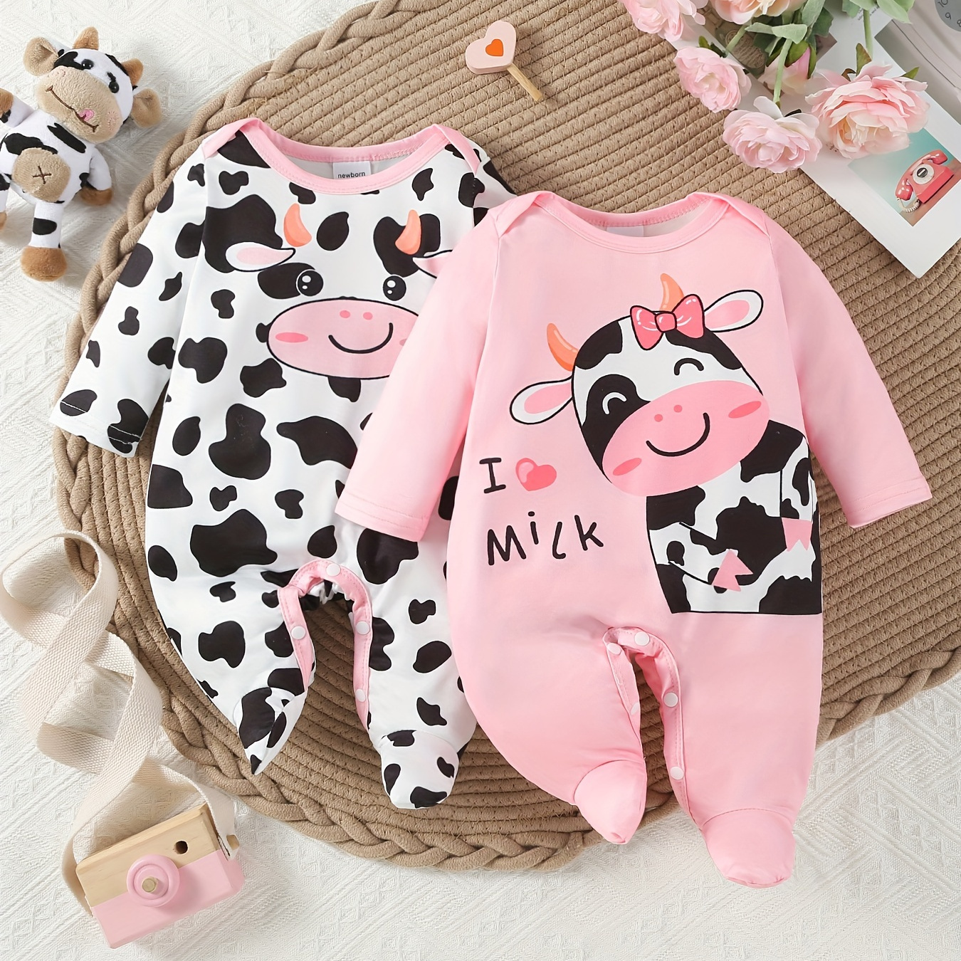 

2pcs Newborn Baby's Cow Print Footed Bodysuit, Casual Long Sleeve Romper, Toddler & Infant Girl's Onesie