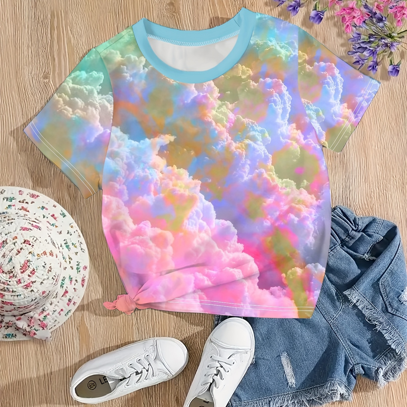 

Dreamy 3d Pattern Print Crew Neck Short Sleeve T-shirt Top For Girls Summer Gift