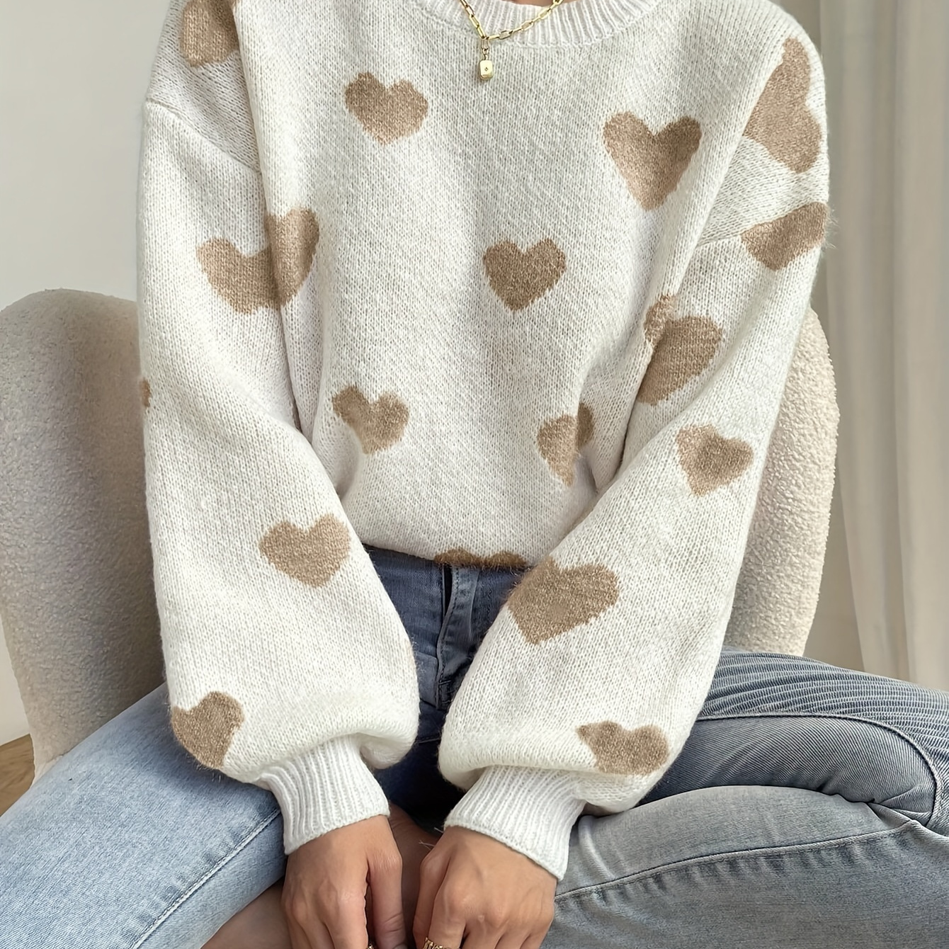 

Heart Pattern Crew Neck Sweater, Elegant Drop Shoulder Long Sleeve Sweater For Fall & Winter, Women's Clothing