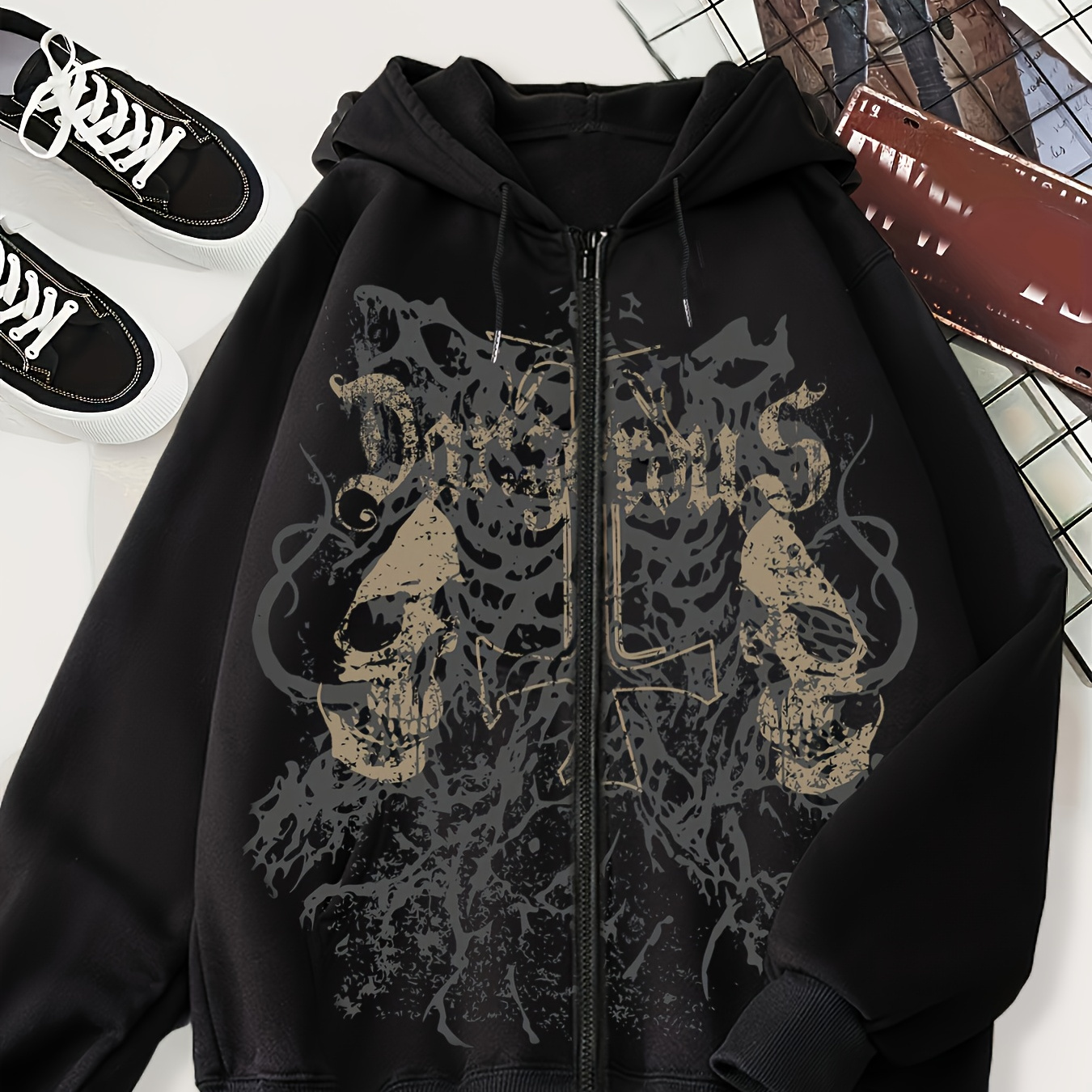 

Women' Black Graphic Hoodie With Skull Design, 100% Polyester Knit Fabric, Zip-up Front, Adjustable Drawstring Hood, Ribbed Cuffs & Hem, Casual Sweatshirt, Sweater Hoodie