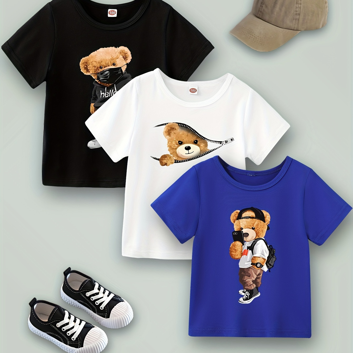 

3pcs Boy's Casual Comfy Summer Short Sleeve T-shirts - Cartoon Bears Themed Print Trendy Tops Multi-pack Gift