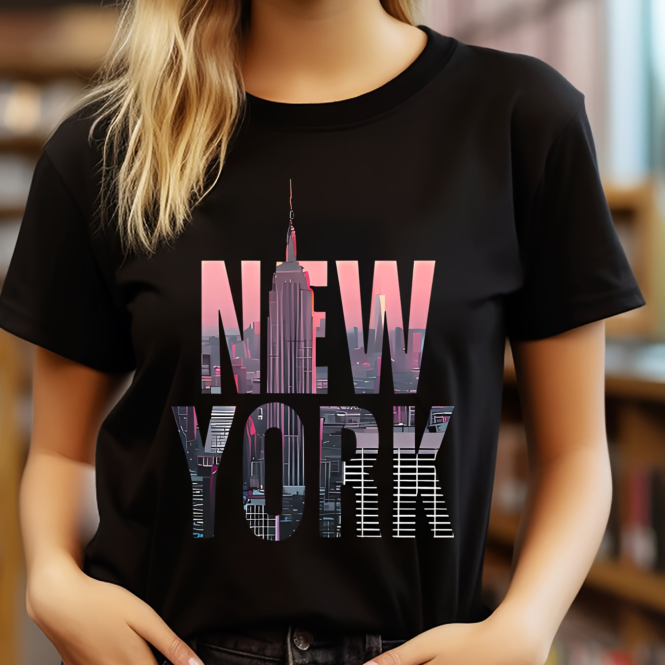 

New York Print T-shirt, Short Sleeve Crew Neck Casual Top For Summer & Spring, Women's Clothing