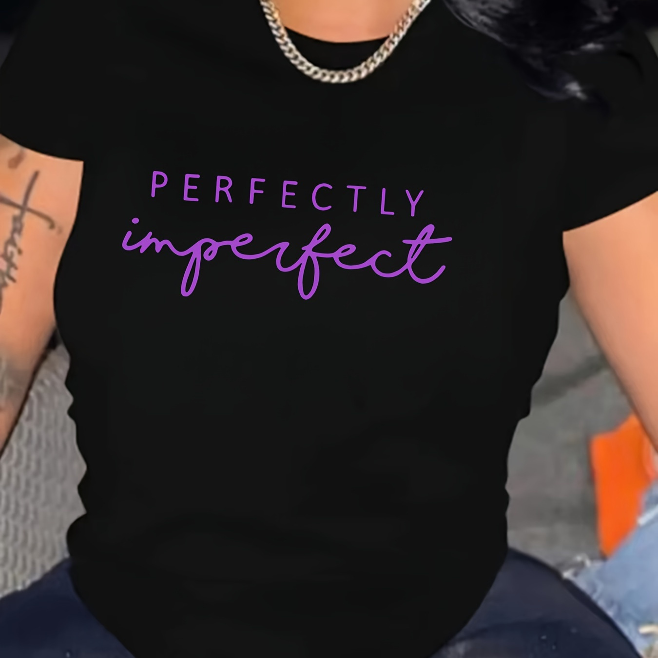 

Perfectly & Imperfect Letter Graphic Crew Neck Sports T-shirt, Short Sleeves Workout Tops, Women's Activewear