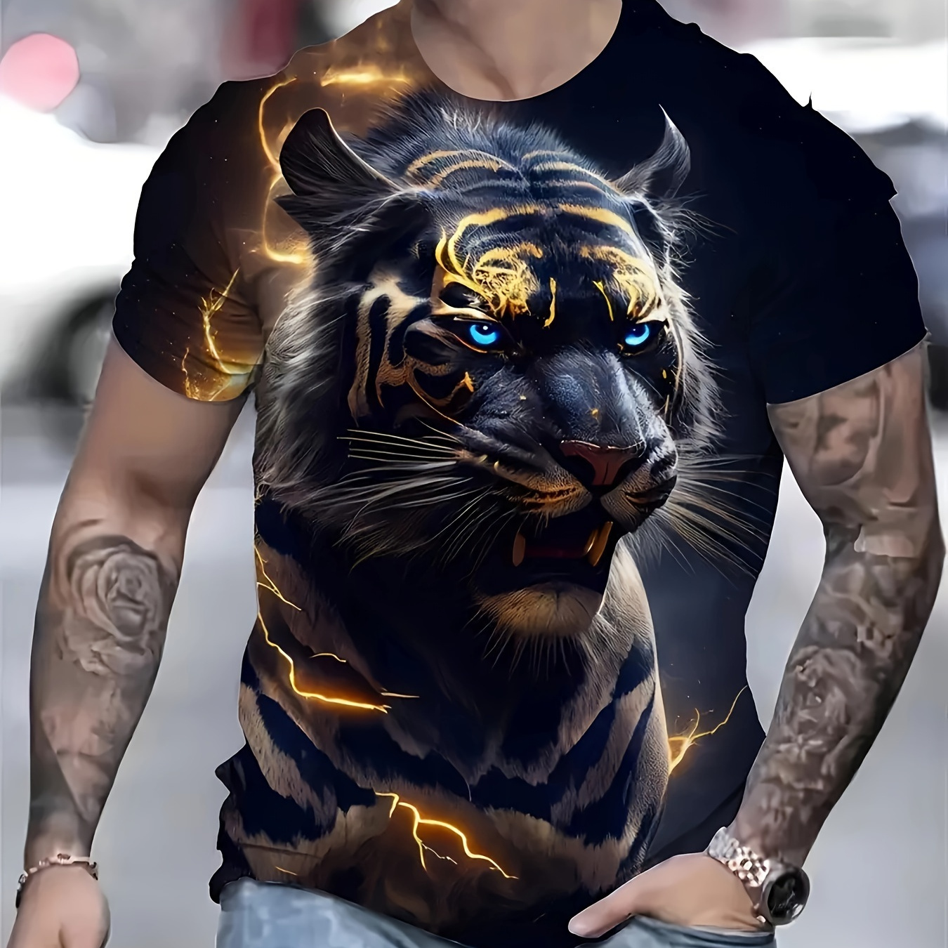 

Men's Tiger Graphic Print T-shirt, Short Sleeve Crew Neck Tee, Men's Clothing For Summer Outdoor