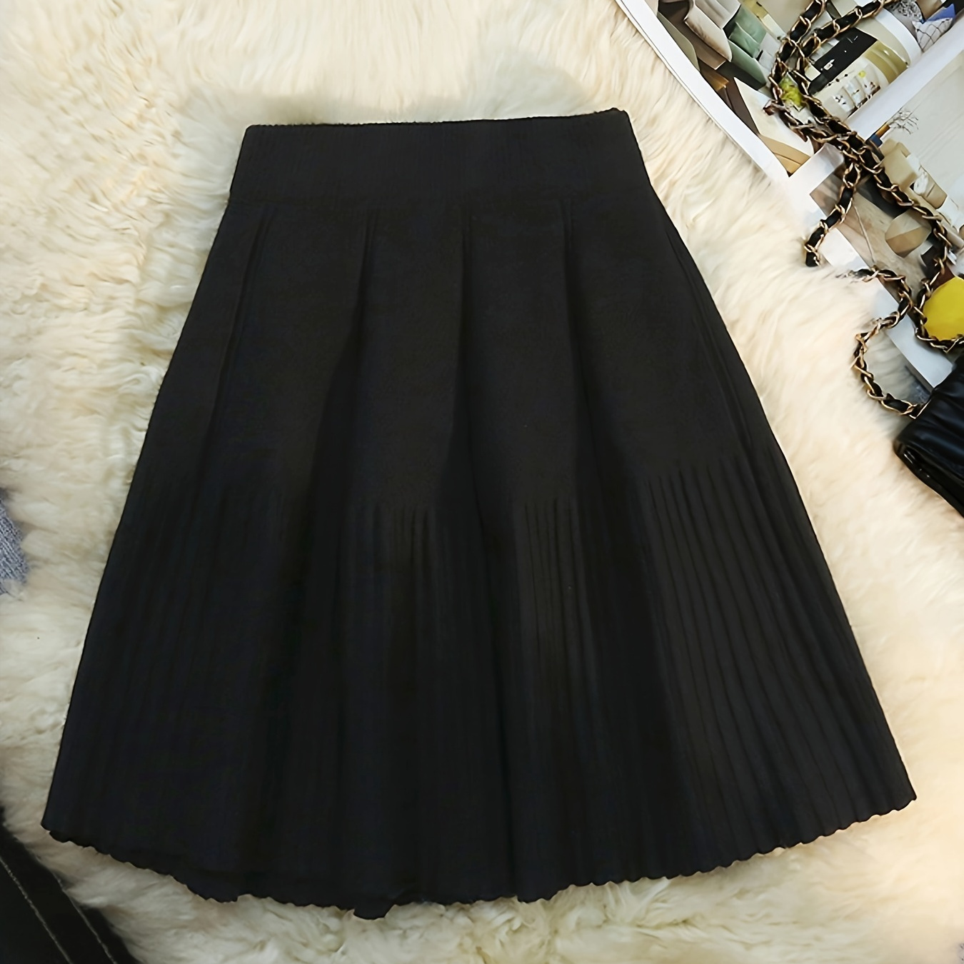 

Chic High-waist Pleated A-line Skirt For Women - Slimming Knit, Fall/winter, Machine Washable