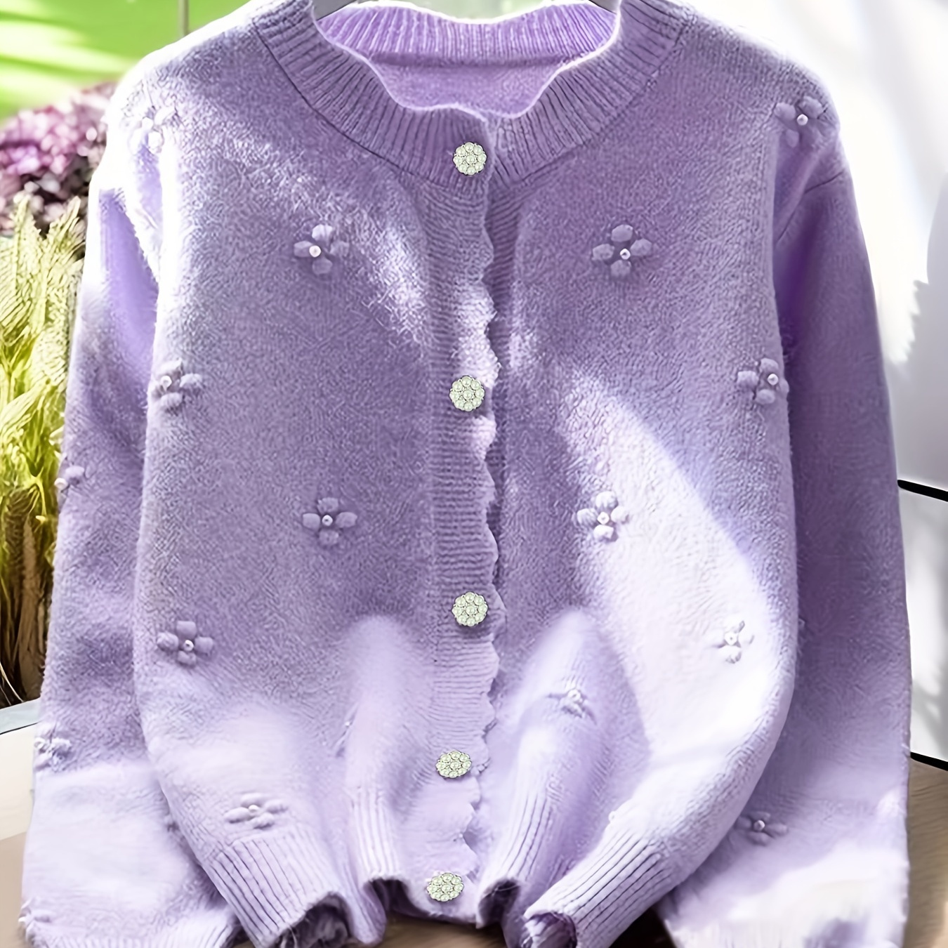

Elegant Polyester Sweater Cardigan For Women - Solid Color, Round Neck, Button Detail, Knit Fabric, 3d Embroidered , Hem, Autumn/