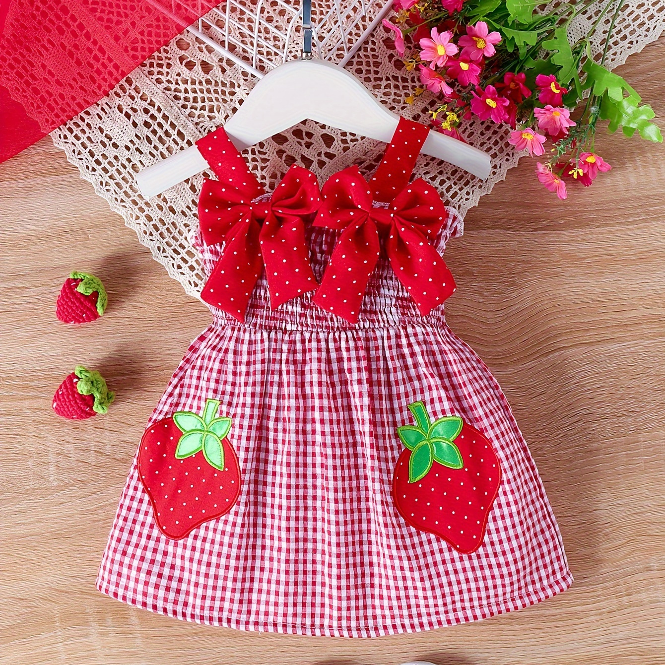 

Baby's Bowknot Decor Strawberry Embroidered Gingham Sleeveless Dress, Infant & Toddler Girl's Clothing For Summer/spring, As Gift