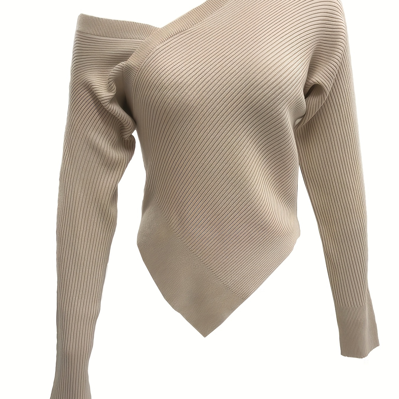 

Women's Elegant Khaki Off-shoulder Pullover Sweater, Viscose & Polyester Blend, Asymmetrical Neck, Solid Color, Knit Fabric, All , 236g/m² Weight