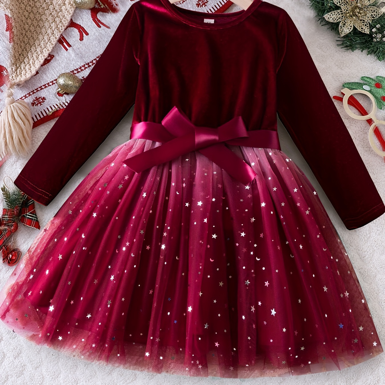 Weihnachtskleid Für Mädchen: Samtkleid Mit Glitzer-Tüllrock & Schneeflocken-Print – Festlich & Warm Für Winterfeste