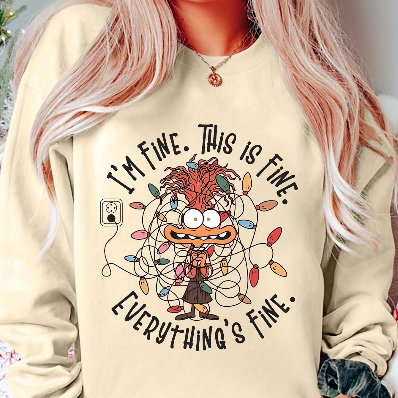 

Women's Christmas Anxiety Print Sweatshirt - Casual Round Neck, Polyester, Machine Washable For Autumn And Winter