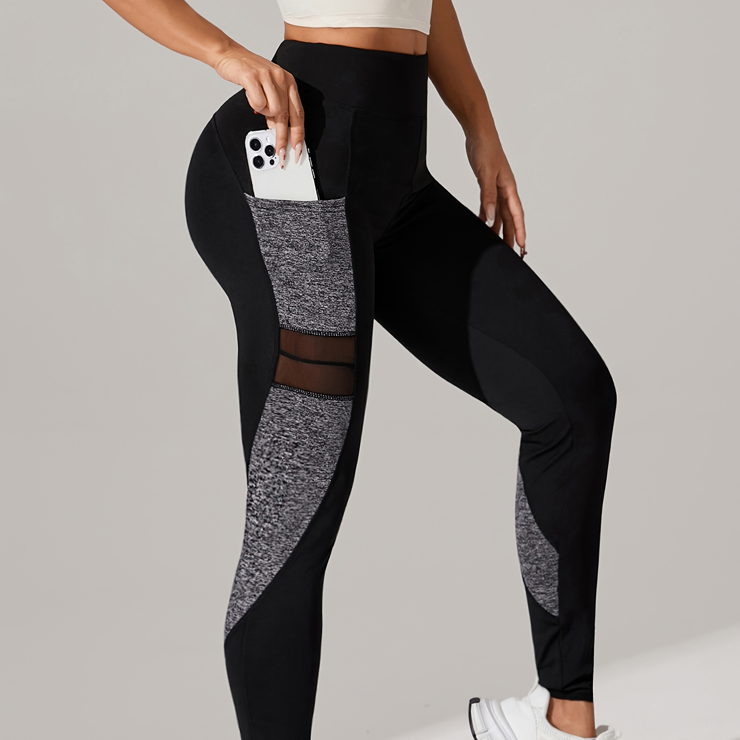 

Color Mesh Stitching Yoga Leggings, High Waist Hip Lifting Fitness Workout Pants, Women's Activewear Wide Waistband