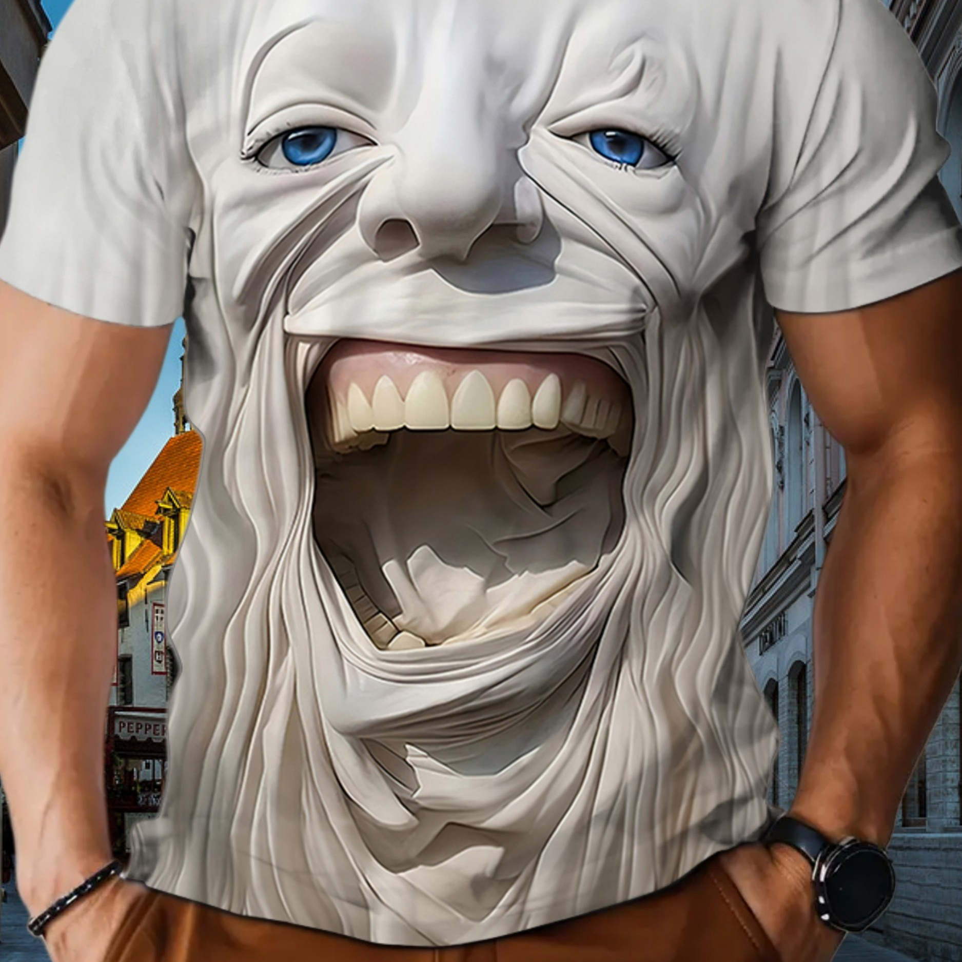 

Men's Halloween Smile Monster Funny 3d Neck Short Sleeve, Trendy T-shirt For Summer Outdoor Activities And Festival Parties