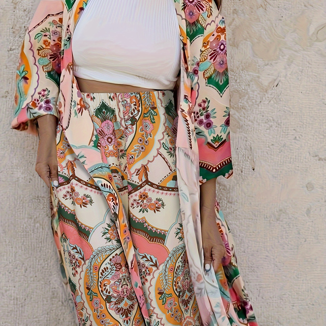 

Ethnic Floral Print Two-piece Set, Open Front Long Length Cardigan & Wide Leg Pants Outfits, Women's Clothing