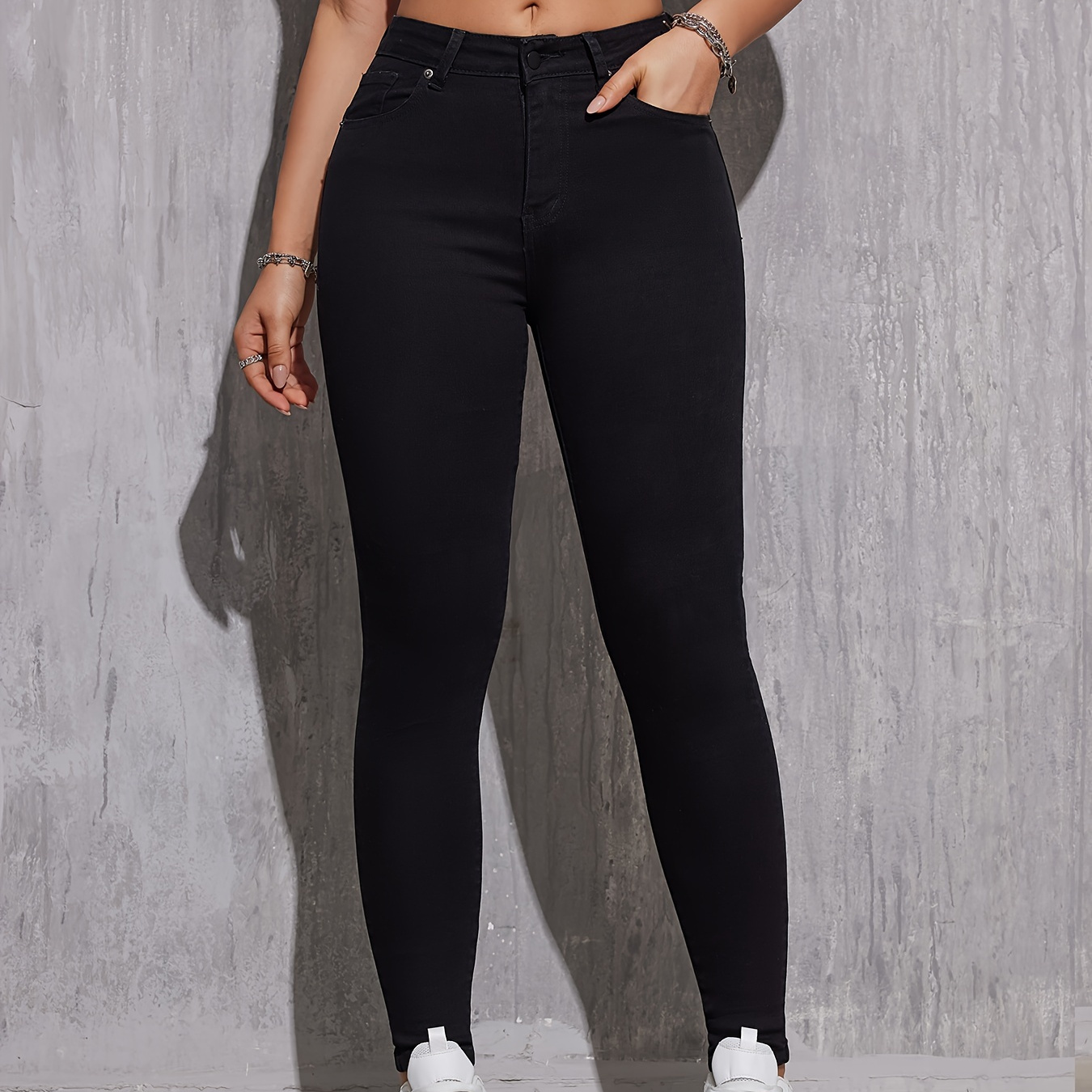 

High Rise Plain Skinny Jeans, Slash Pocket High Stretch Versatile Denim Pants, Women's Denim Jeans & Clothing