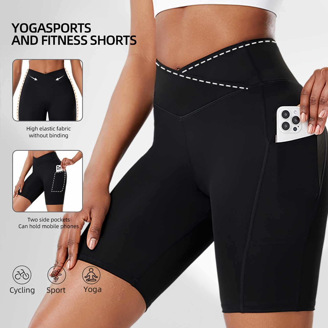 

High-waisted Tummy Control Sports Shorts, Women's Tight Cycling With Side Pockets, Quick-dry Stretch Running Pilates Fitness Pants, V-cross Waist, 5-inch Yoga Shorts, Athletic Style