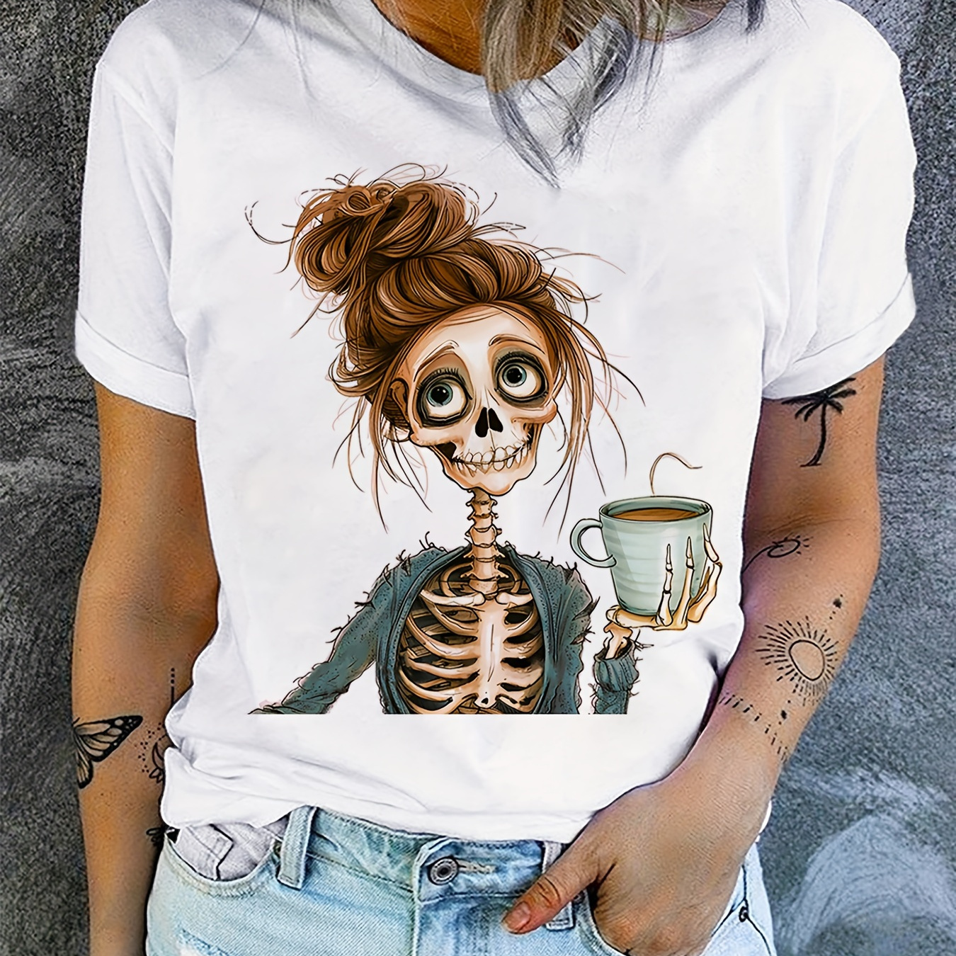 

Dark Figure Skull Print Crew Neck T-shirt, Casual Short Sleeve Top For Spring & Summer, Women's Clothing