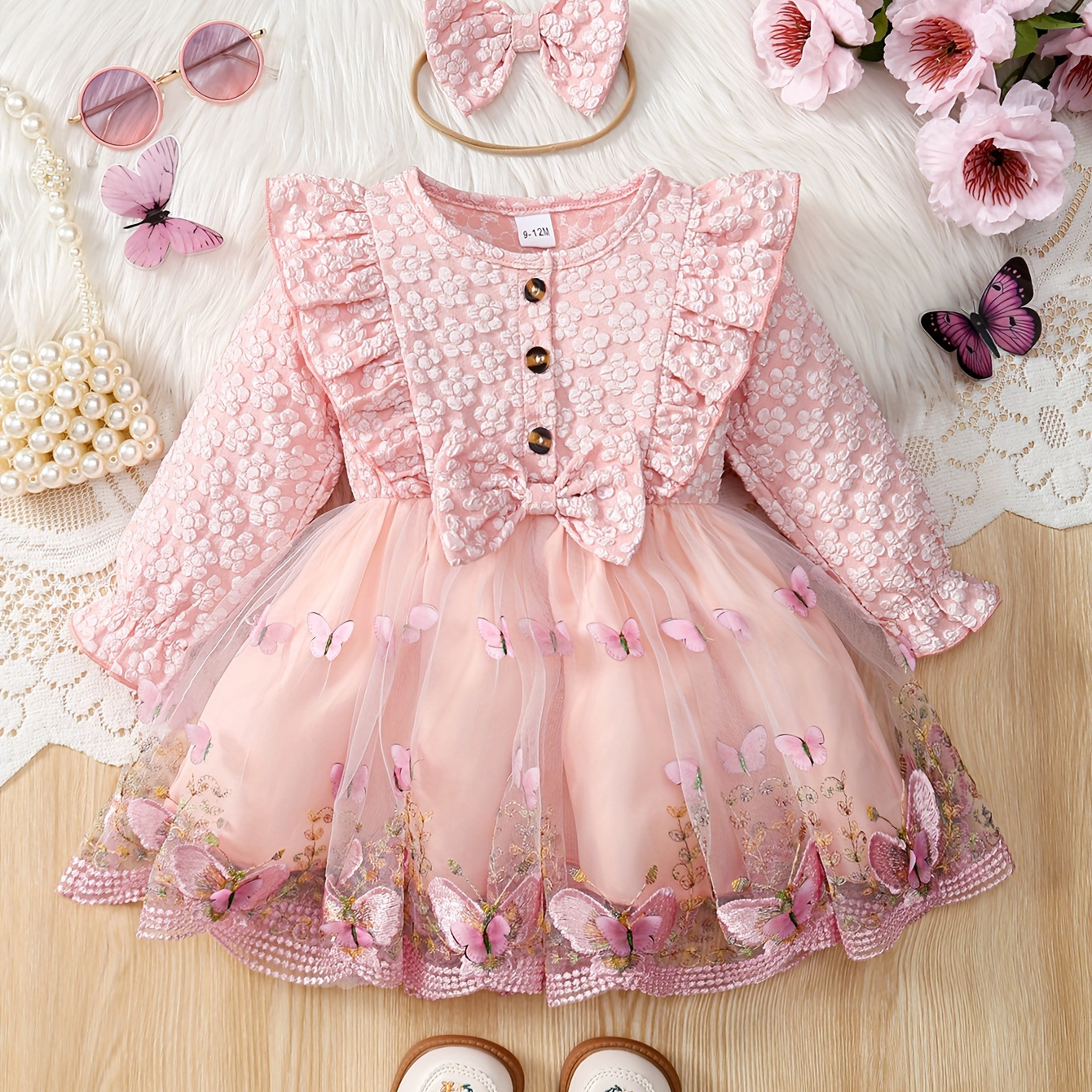 

2pcs Girls Autumn Lace Edge Jacquard Small Trumpet Long Sleeve - Butterfly Embroidery Net Tulle Dress + Headband Set