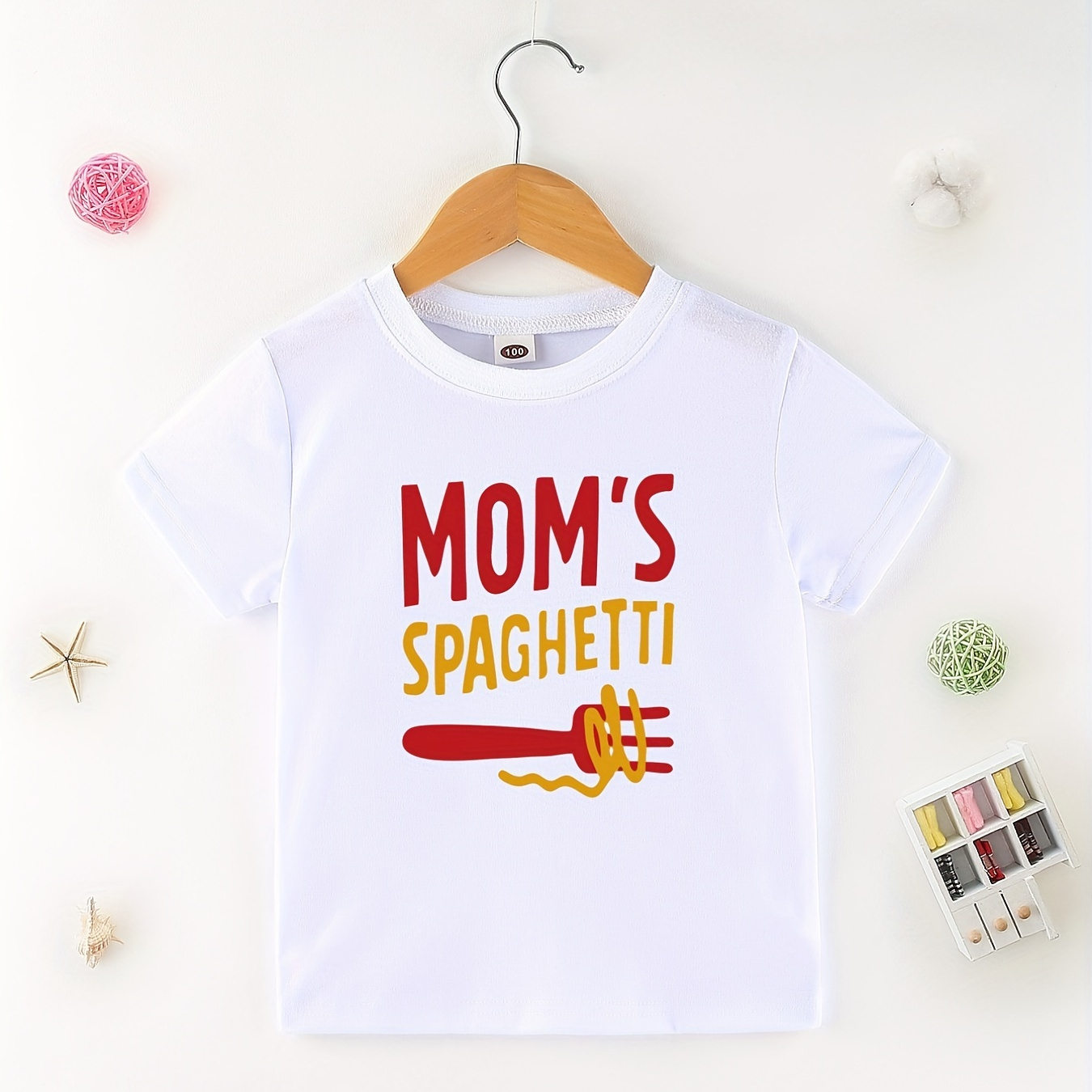 

Mama's Spaghetti Letter Print Boys Creative T-shirt, Casual Lightweight Comfy Short Sleeve Tee Tops, Kids Clothings For Summer