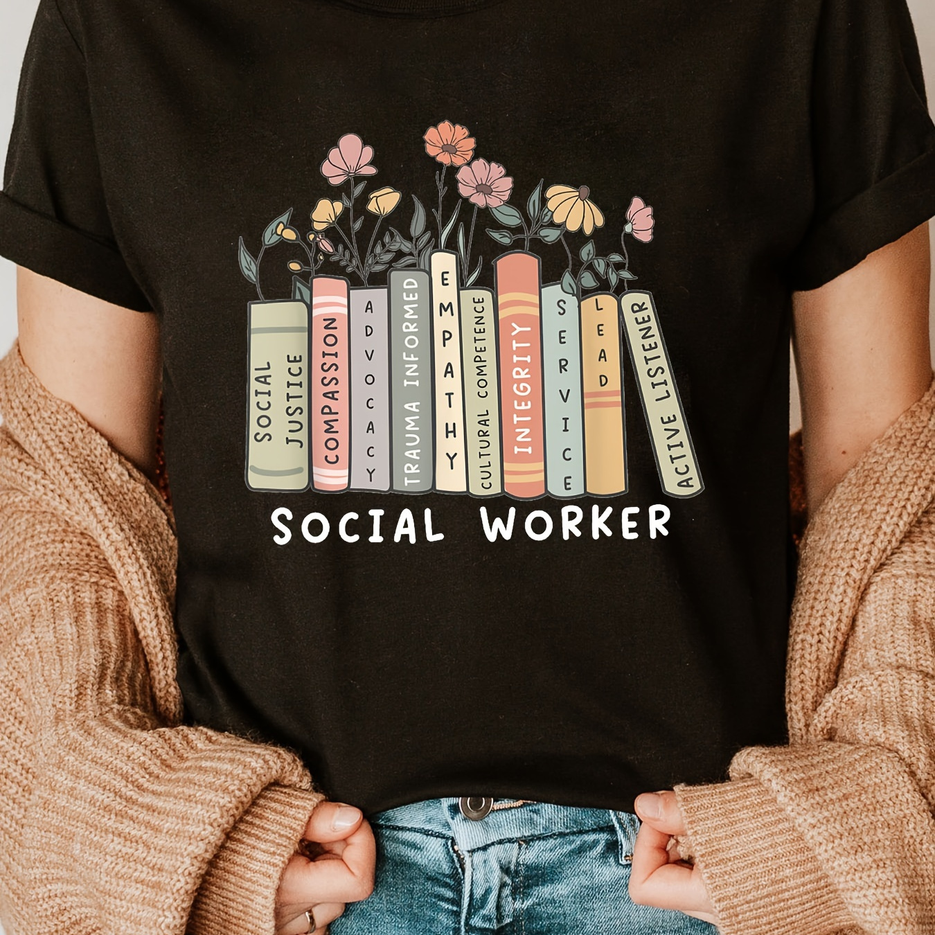 

Books Print Crew Neck T-shirt, Short Sleeve Casual Top For Summer & Spring, Women's Clothing