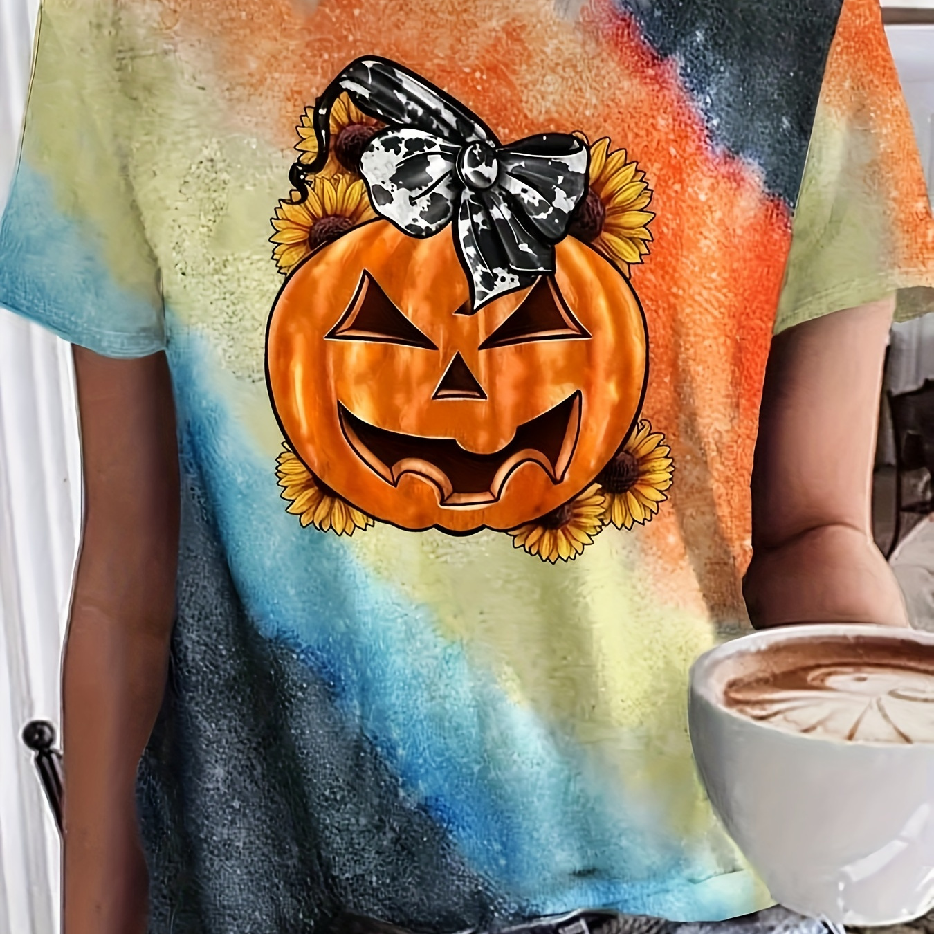 

Tie Dye Pumpkin Print T-shirt, Halloween Theme Crew Neck Short Sleeve T-shirt, Women's Clothing