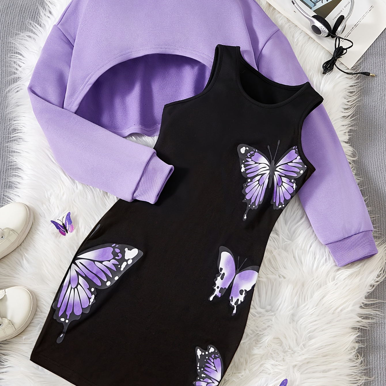 TEMU Girl's Set, Elegant Butterfly Print Tank Dress + Long Sleeve Cover-up Top - Spring Fall Casual 2-piece Outfit, Gift