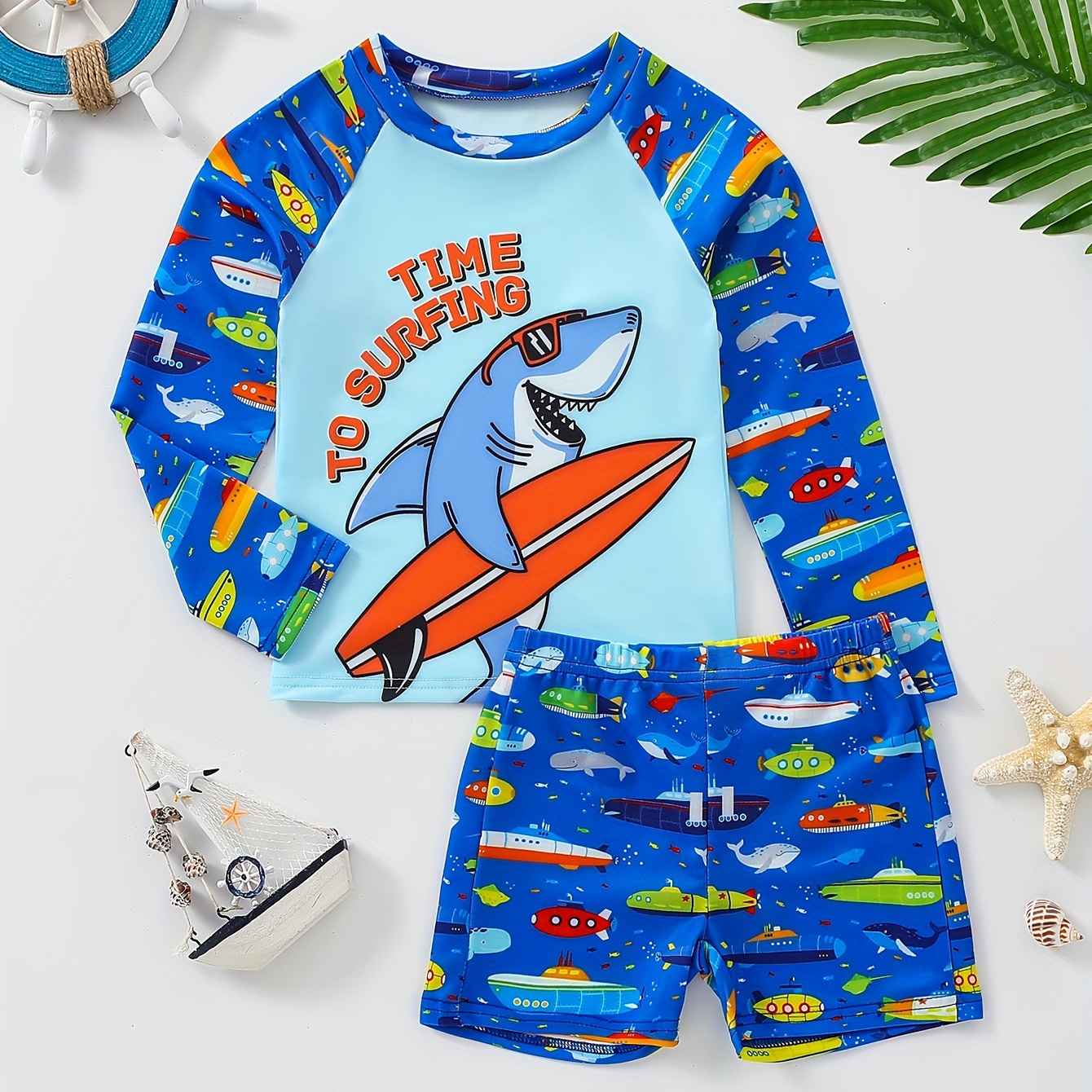 

2pcs Cartoon Submarine And Shark Pattern Swimsuit For Boys, T-shirt & Swim Trunks Set, Stretchy Surfing Suit, Boys Swimwear For Summer Beach Vacation