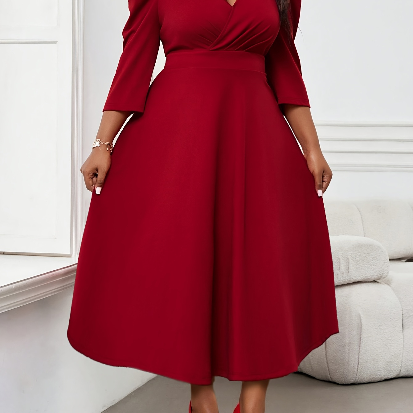 womens plus size red peplum dress elegant v neck short - Temu United Kingdom
