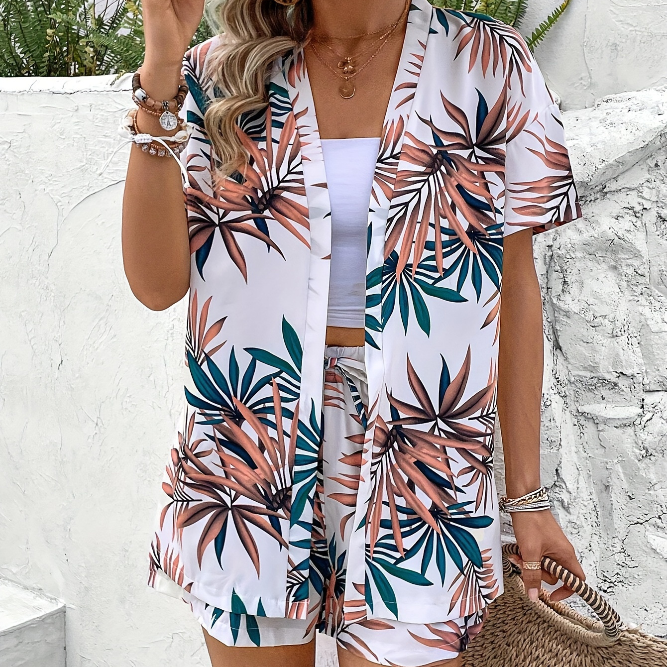 

Leaf Print Two-piece Set, Vacation Vibes Button Front Shirt & Shorts Outfits For Spring & Summer, Women's Clothing