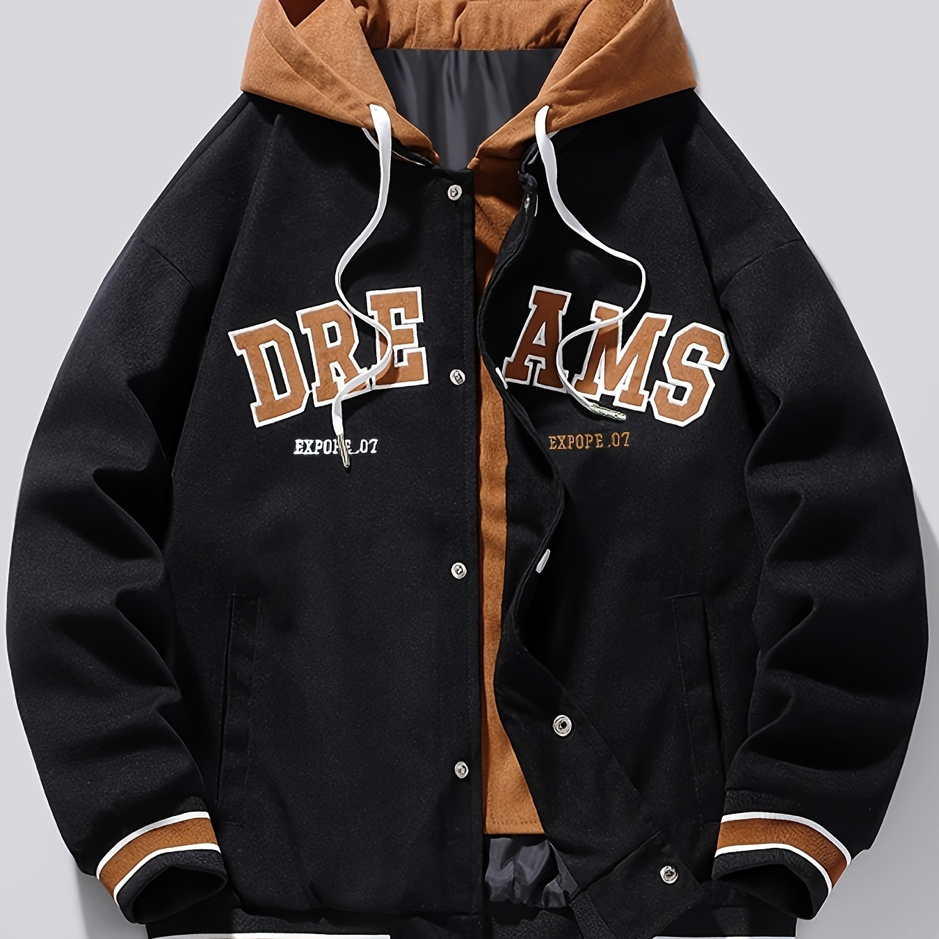 

Men' Embroidered Print Jacket With Pockets, Casual Breathable Button Up Waterproof Fake 2 Piece Long Sleeve Hooded Jacket For
