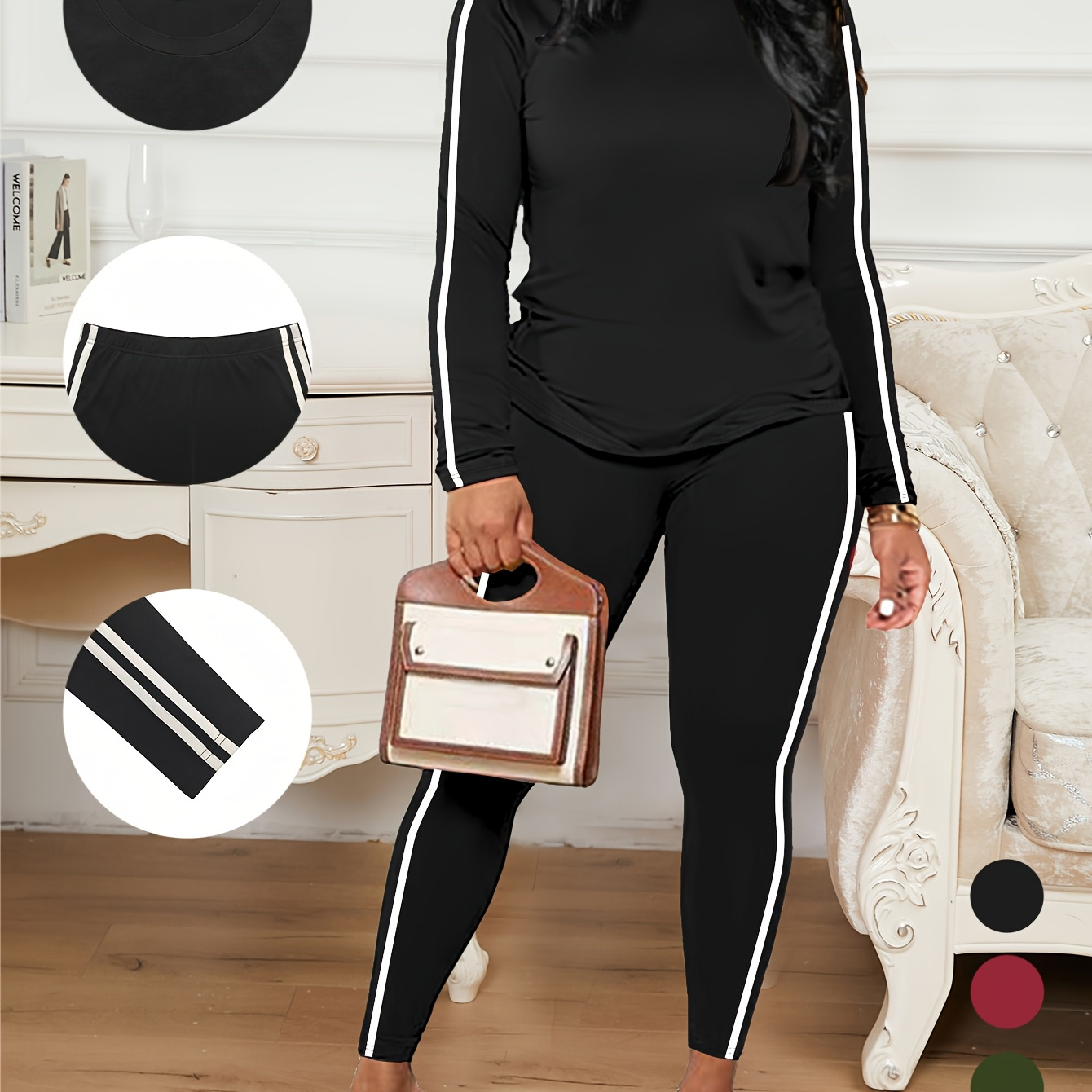 

[elegant Style] Women' Two-piece Set - Long Sleeve Round Neck Top With Striped Side Panels & Matching Pants, Polyester , Machine Washable - Ideal For Casual To Semi-formal