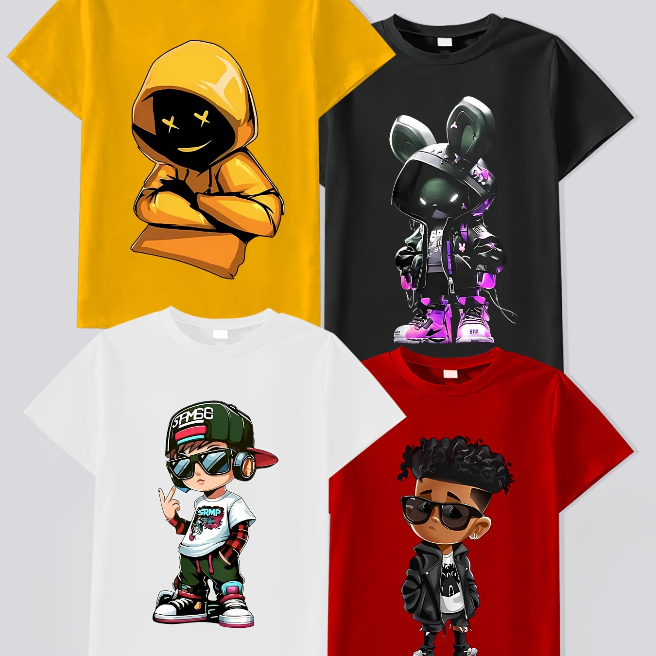 

4pcs Boys' Cool Cartoon Print Fashion Short Sleeve T-shirts - Vibrant & Casual, Stretchy Polyester , Crew Neck, Non-transparent, Summer Wear, Suitable For 12+, Cute Shirts