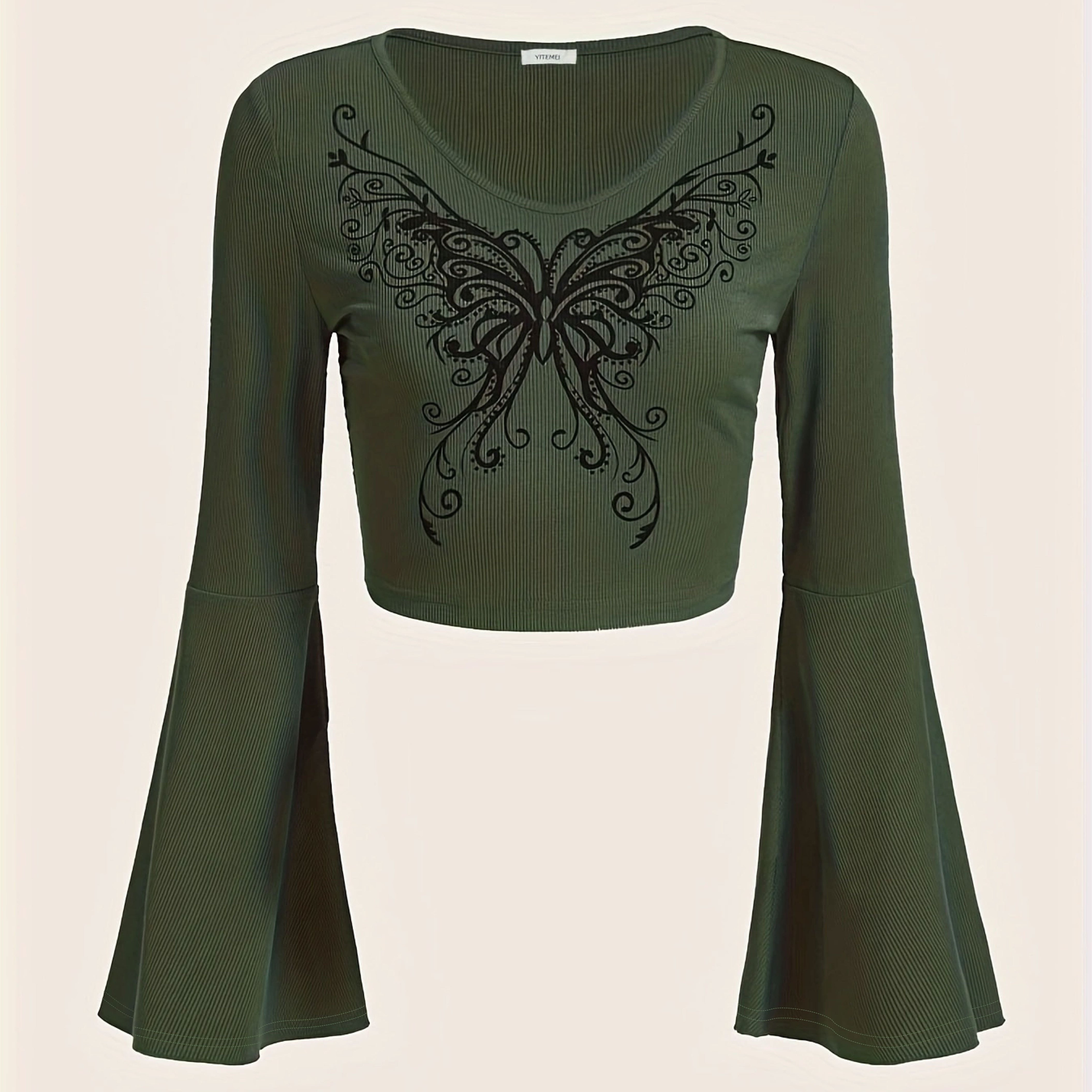 

Butterfly Print Ribbed V Neck Crop T-shirt, Casual Long Bell Sleeve T-shirt For Spring & Fall, Women's Clothing