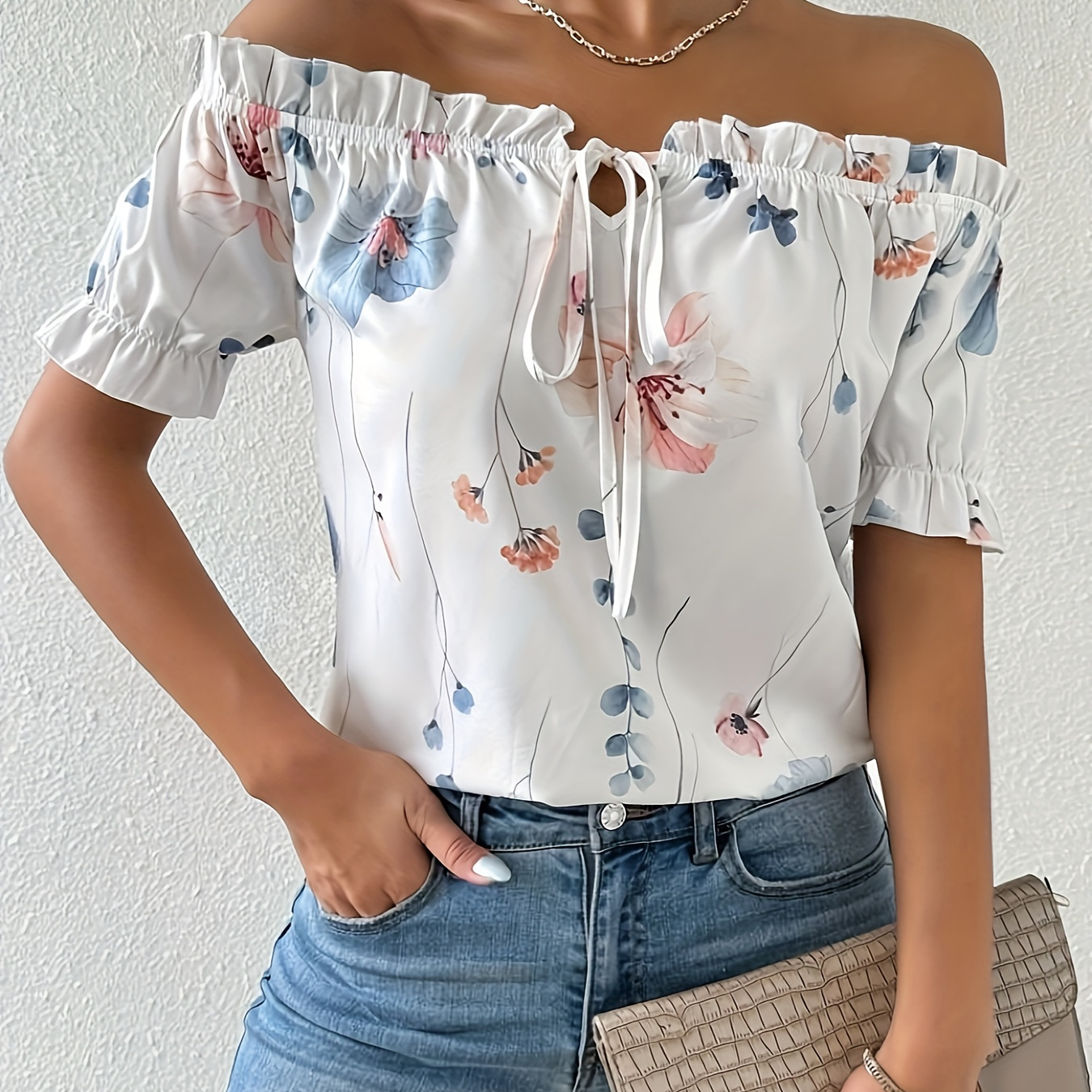 

Floral Print Off Shoulder T-shirt, Vintage Ruffle Trim Short Sleeve T-shirt For , Women's Clothing