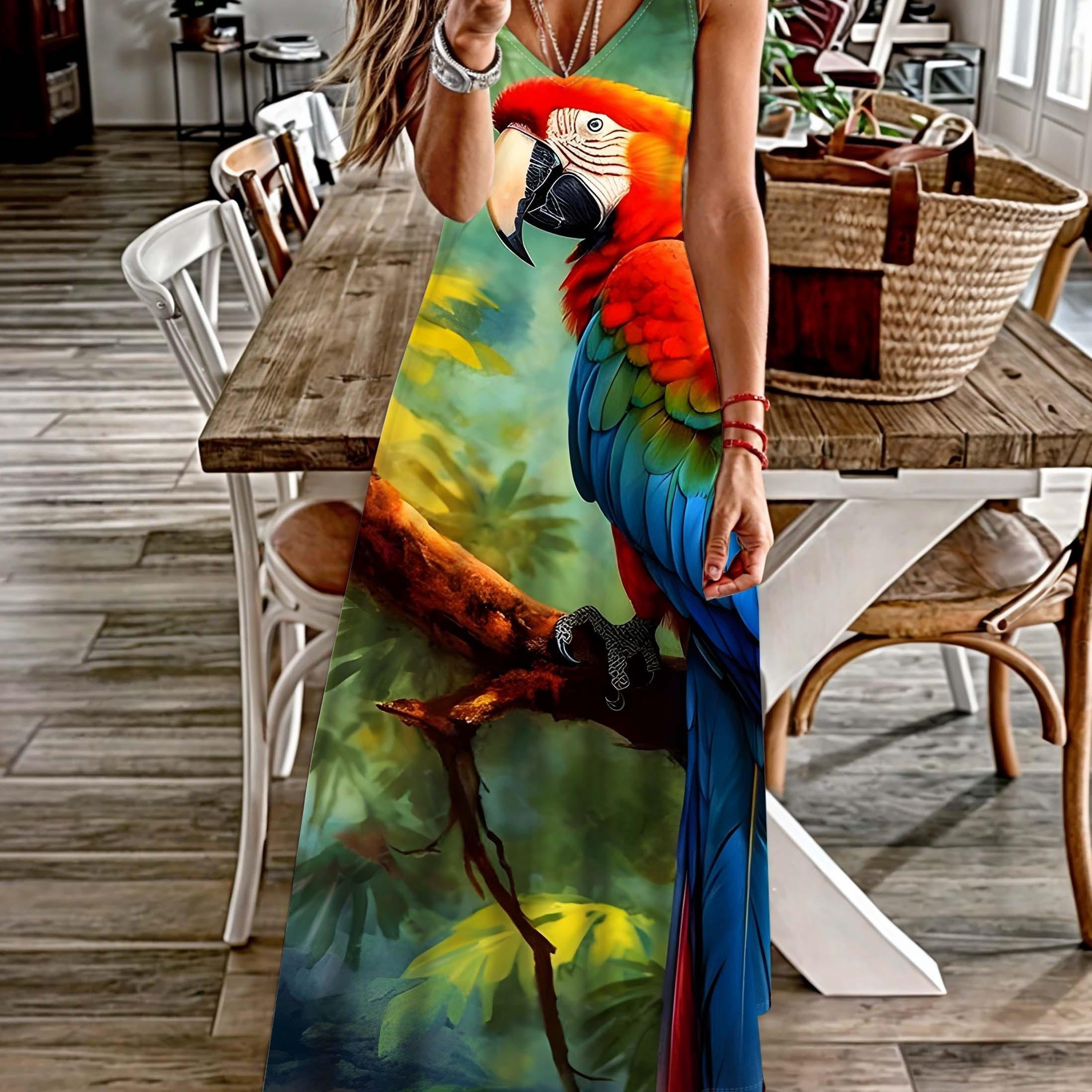 

Parrot Print Spaghetti Strap Dress, Casual V Neck Sleeveless Cami Dress For Summer, Women's Clothing