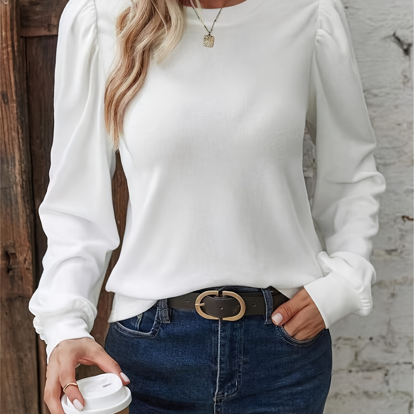 

Women's Casual Long Sleeve T-shirt With Puff Sleeves - Crew Neck, Solid Color, Stretchy Polyester , Machine Washable