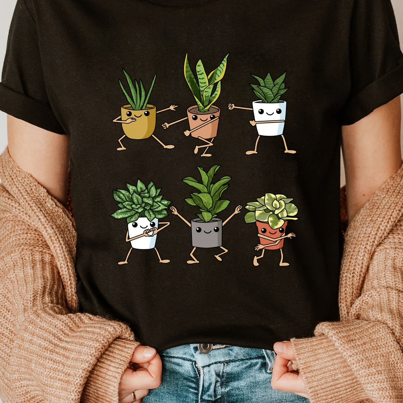 

Plants Print Crew Neck T-shirt, Casual Short Sleeve T-shirt For Spring & Summer, Women's Clothing