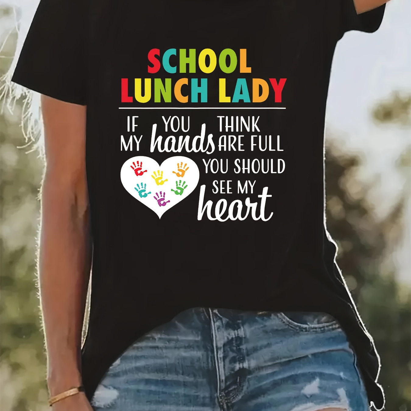 

School Lunch Lady Print T-shirt, Short Sleeve Crew Neck Casual Top For Summer & Spring, Women's Clothing