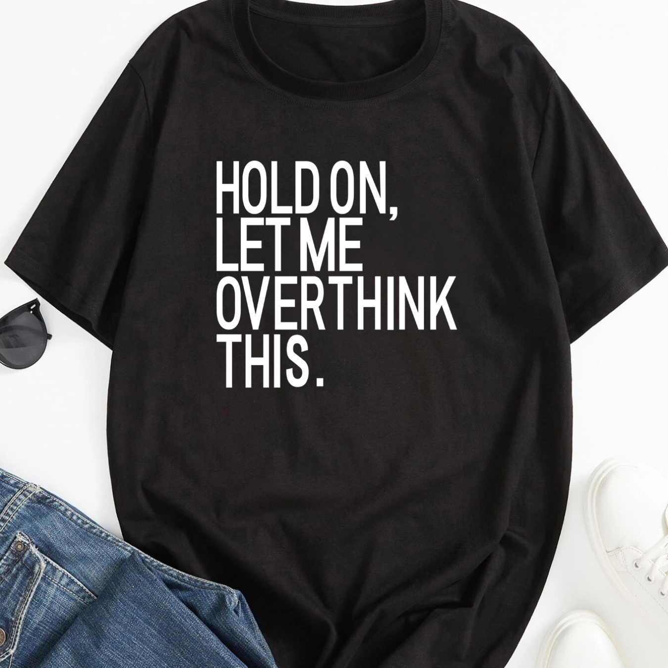 

Plus Size Hold On Let Me Overthink This Men's Casual Trendy Graphic Print Comfortable Crew Neck Short Sleeve T-shirts, Summer Oversized Loose Tees