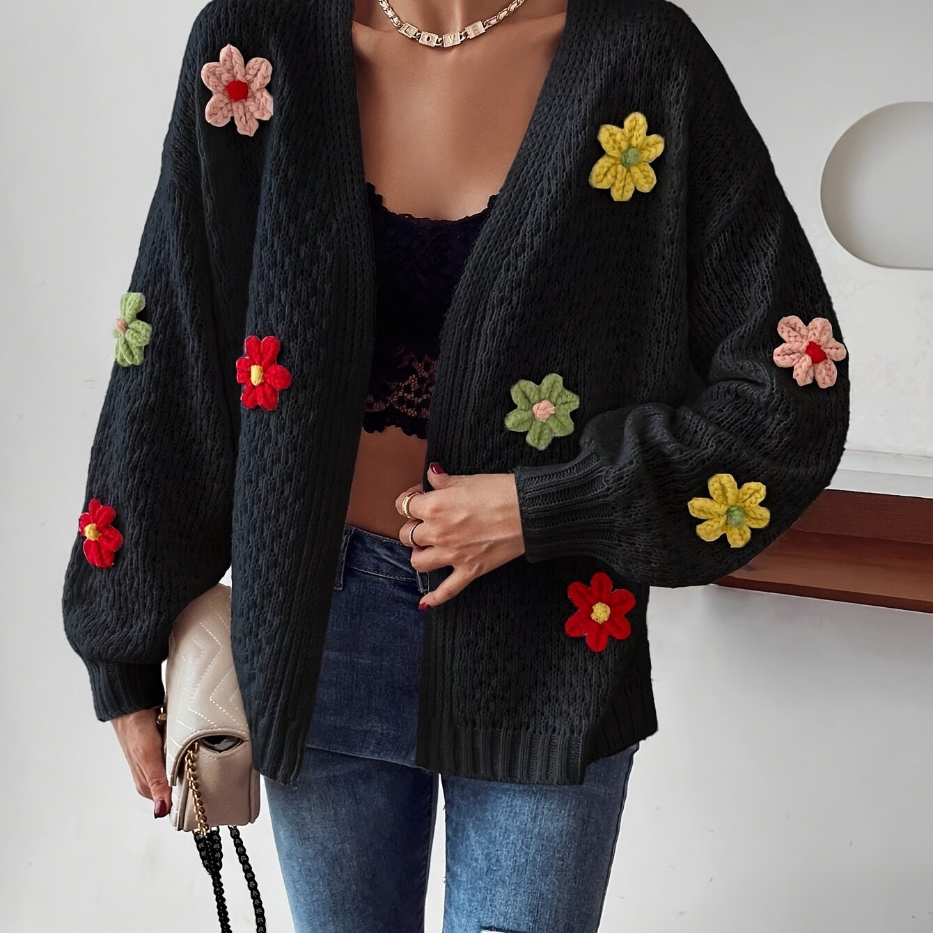 

Floral Pattern Open Front Knitted Cardigan, Elegant Long Sleeve Drop Shoulder Cardigan For Spring & Fall, Women's Clothing