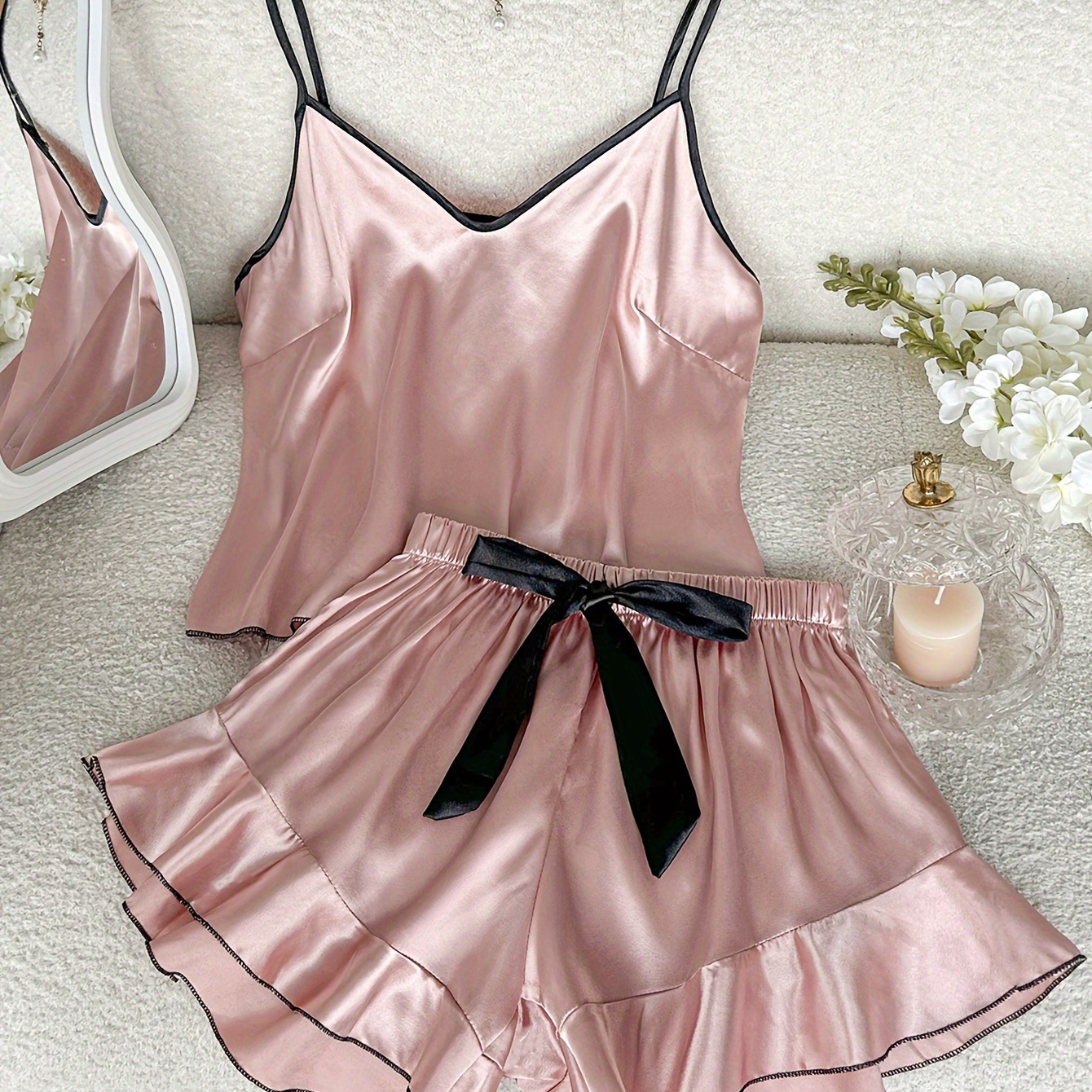 

Valentine's 2pcs Women's Satin Pajama Set - V-neck Cami Top & Bow Shorts, Machine Washable,