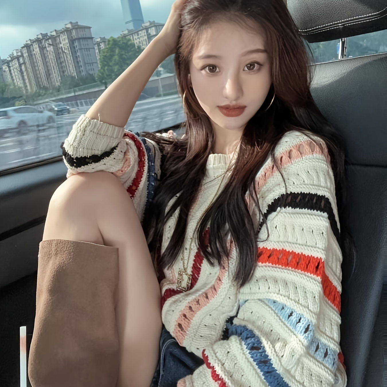 

Women's Fall/ Neck Pullover Sweater, Polyester Knit Fabric, Long Sleeve, Rainbow Striped, With Hollow