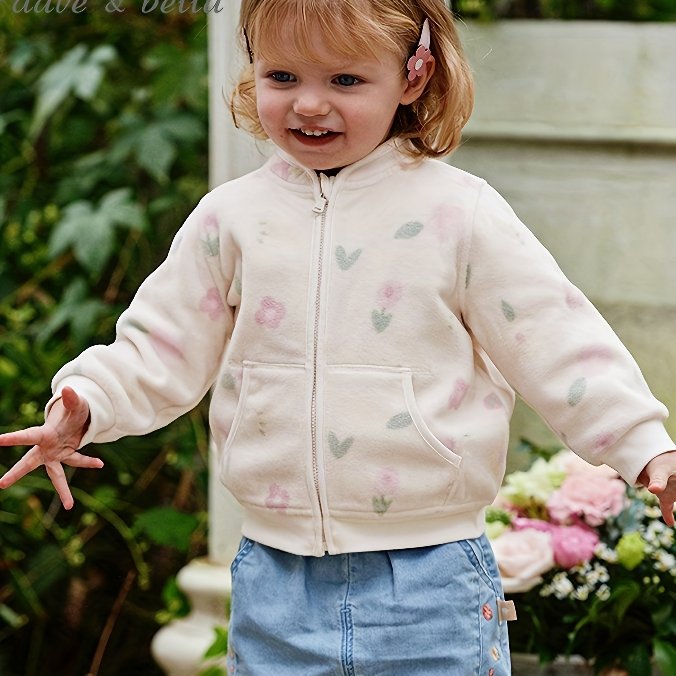 

Dave& Little Girl Polar Fleece Jacket Cartoon Flowers Pattern Zip-up Band Collar Spring/ Fall Outerwear