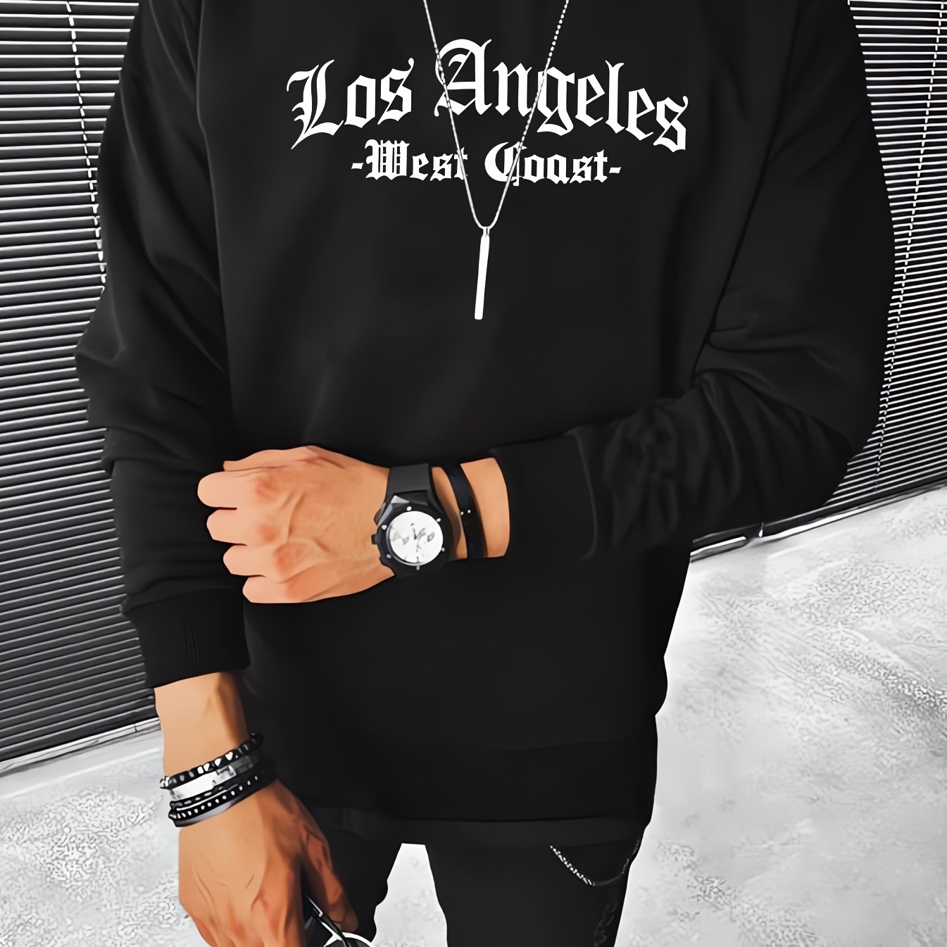 

Los Angeles Print, Fashionable Crew Neck Pullover Long Sleeve Men's Sweatshirt For Outdoor Sports, For Fall Spring Winter
