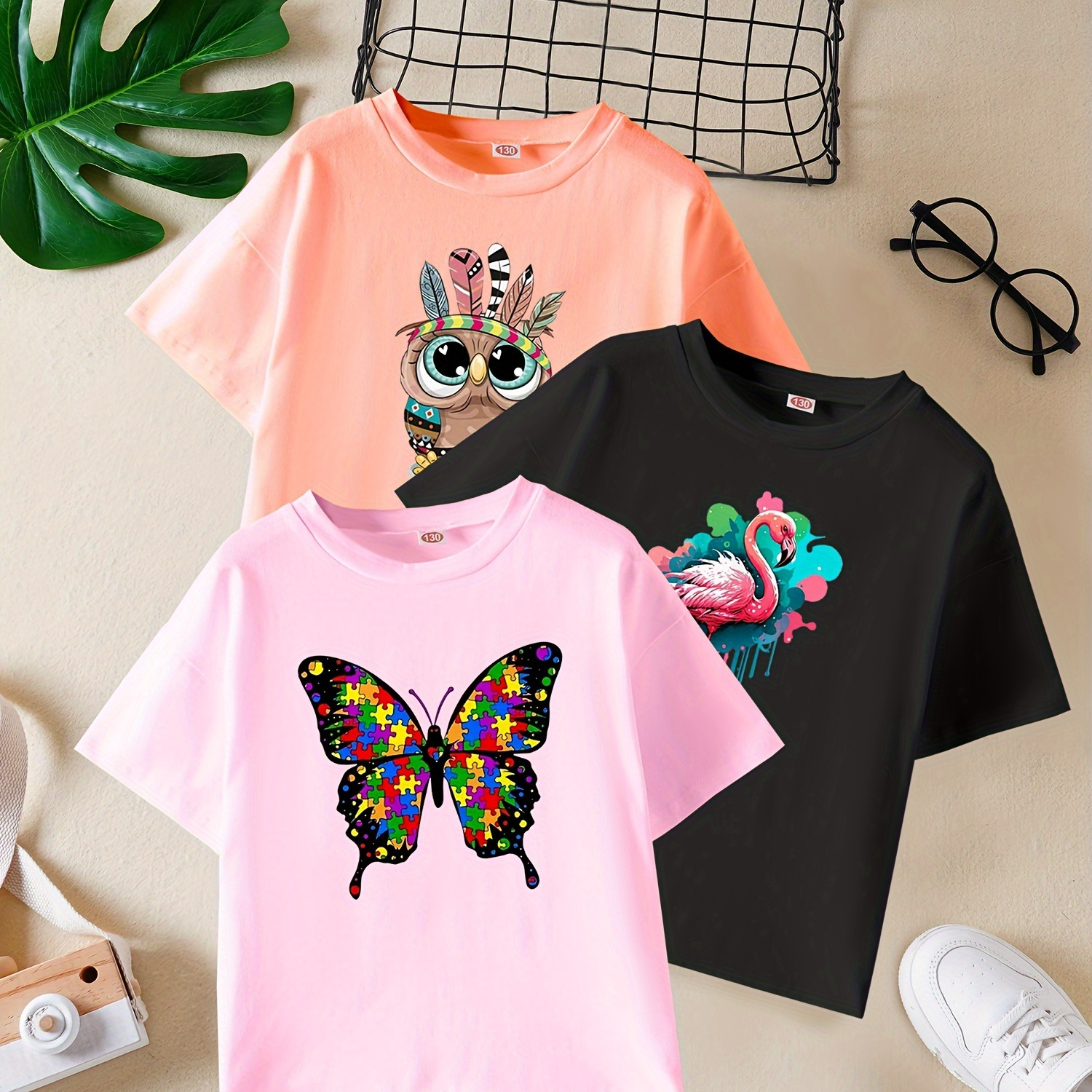 

3pcs Girls Casual Cartoon Butterfly & Flamingo & Owl Graphic Short Sleeve T-shirt Top Set For Summer Holiday Gift