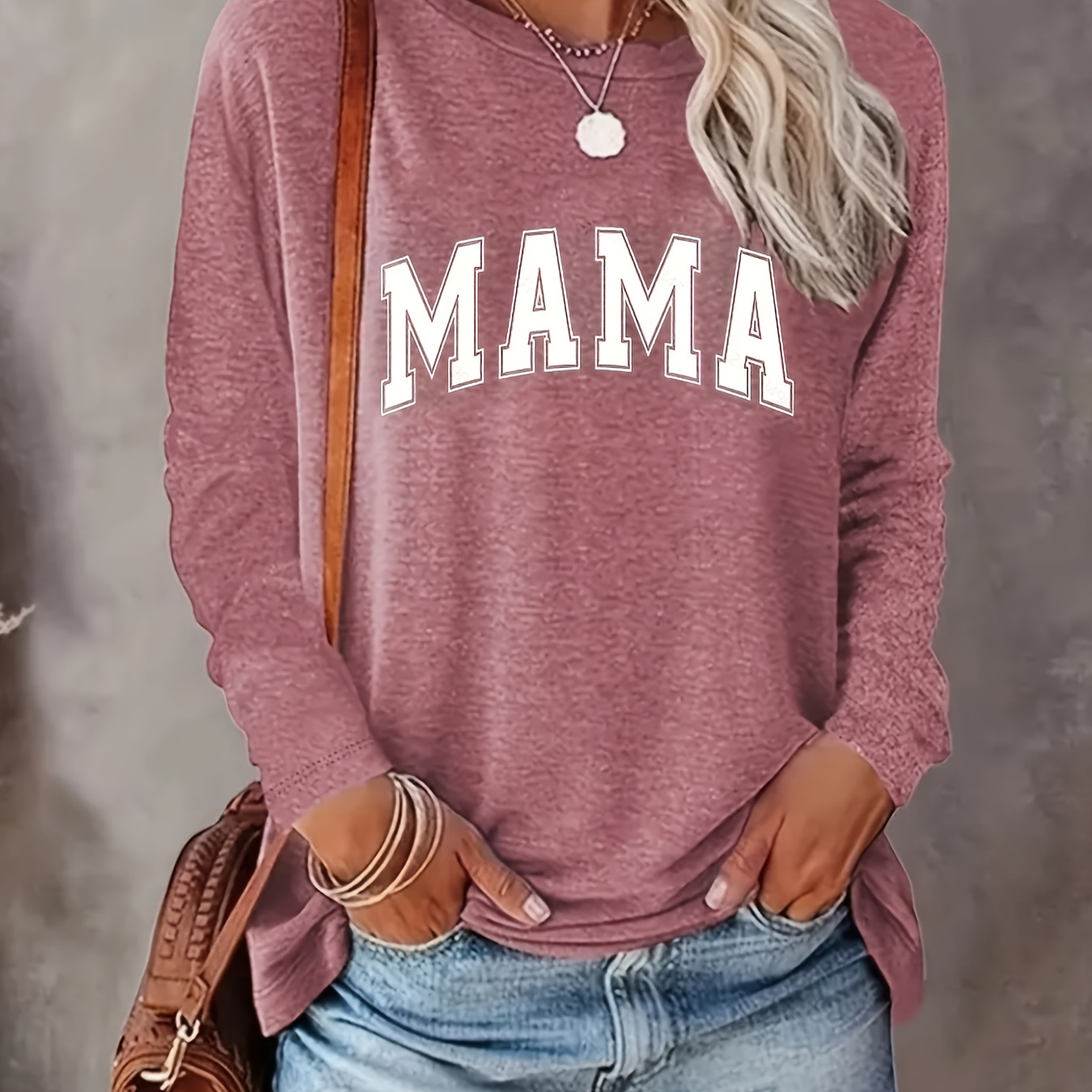 

Mama Letter Neck T-shirt, Casual Long Sleeve Top For Spring & Fall, Women's Clothing